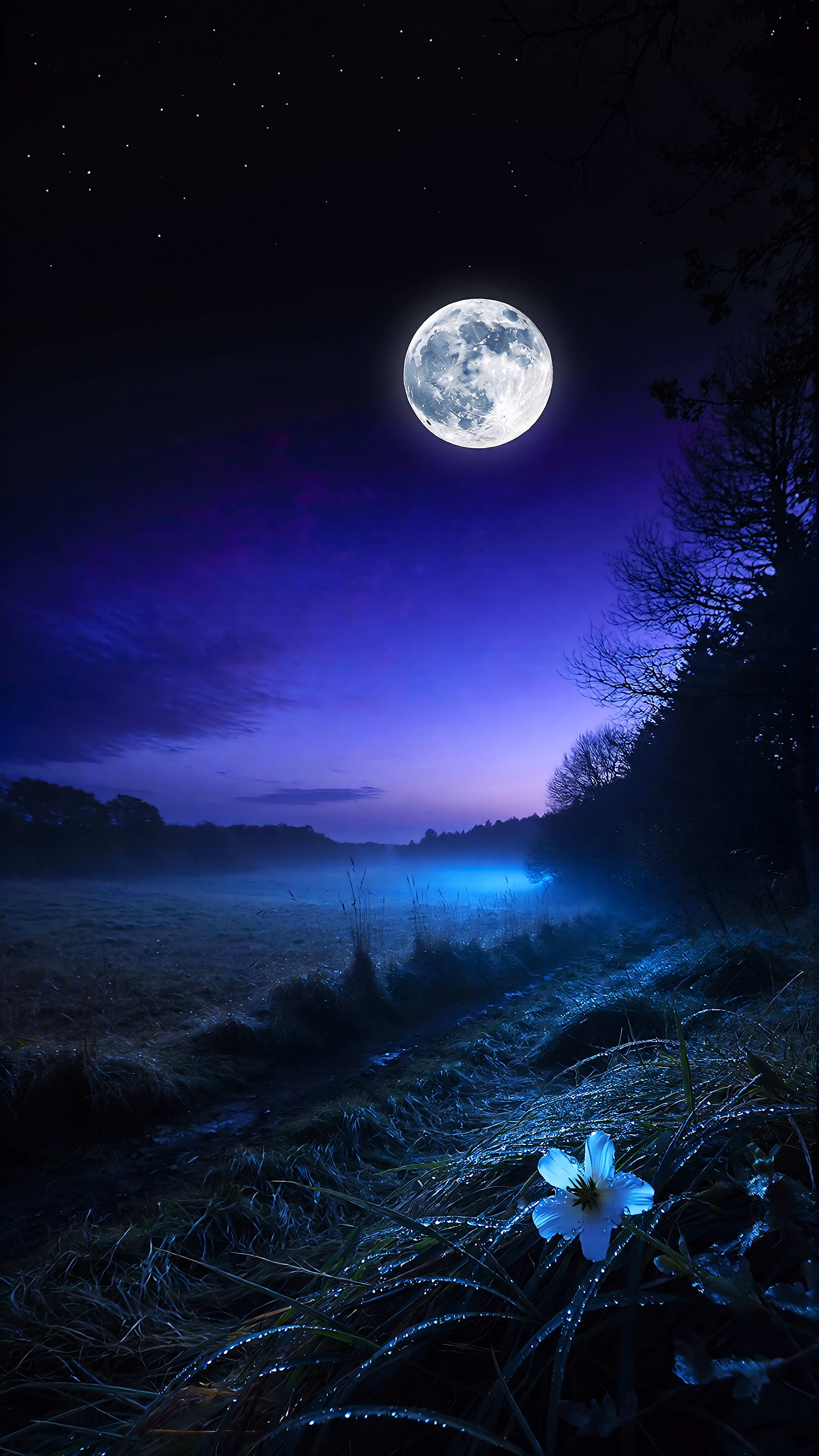 Moonlit Meadow Night – Serene Nature Landscape Wallpaper