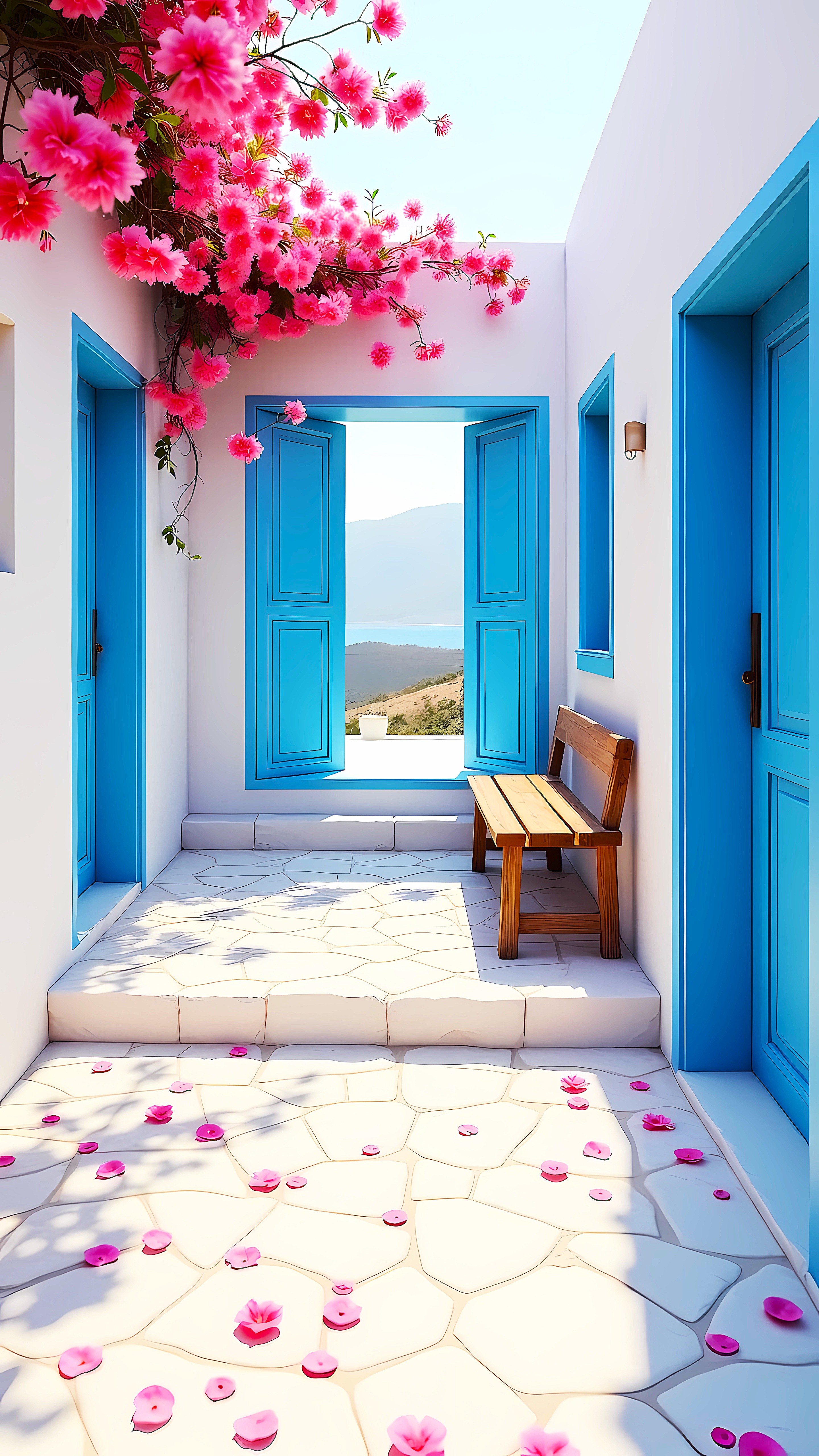 Blue Door Courtyard With Pink Blossoms – Aesthetic Architecture Wallpaper