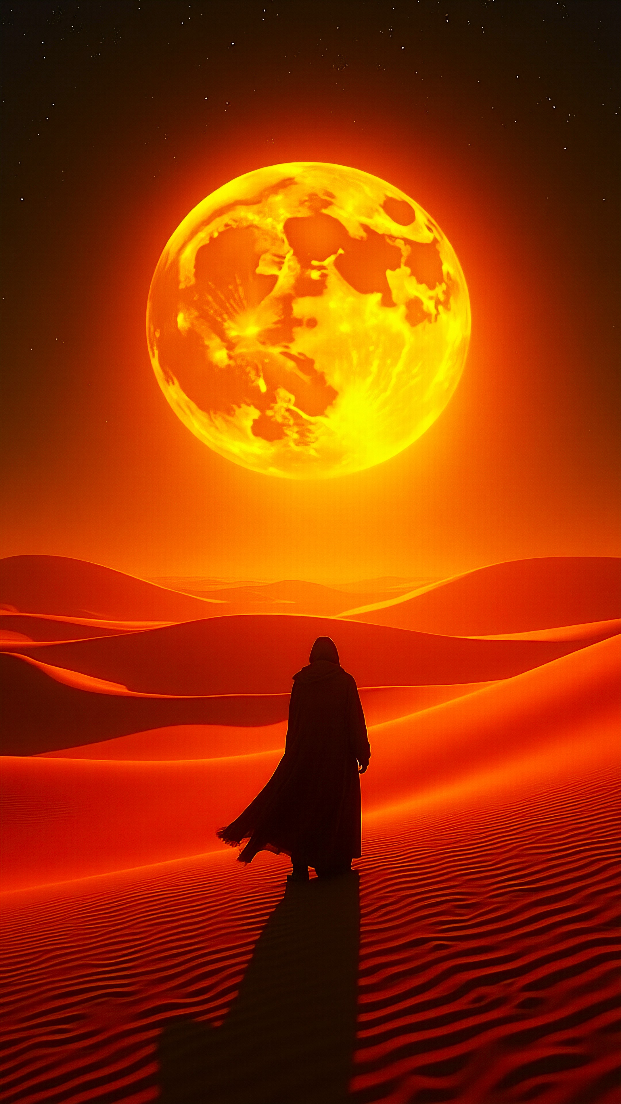Lone Figure Under Fiery Moon – Fantasy Desert Wallpaper