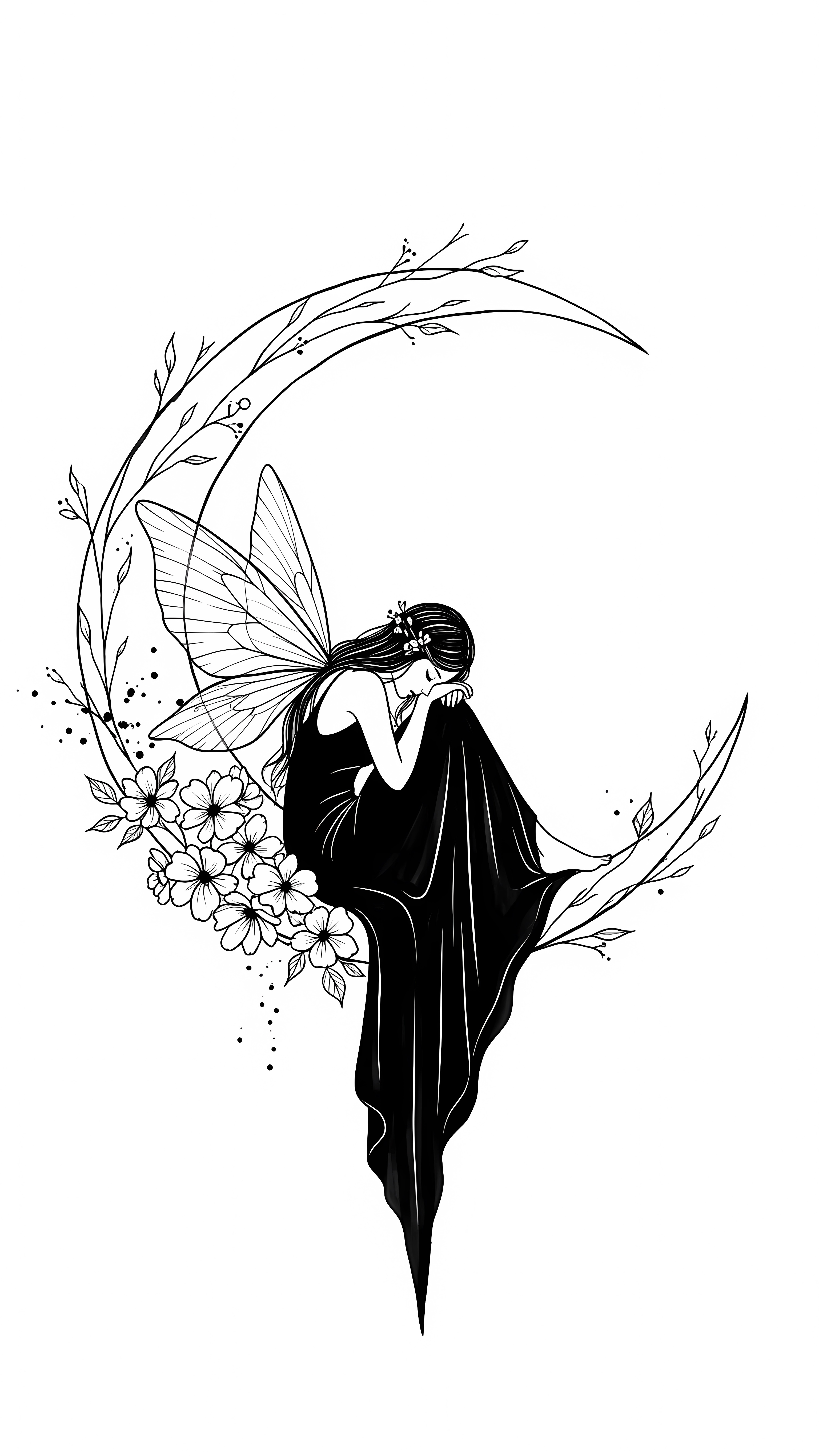 Sleeping Fairy on Crescent Branch – Minimal Fantasy Wallpaper