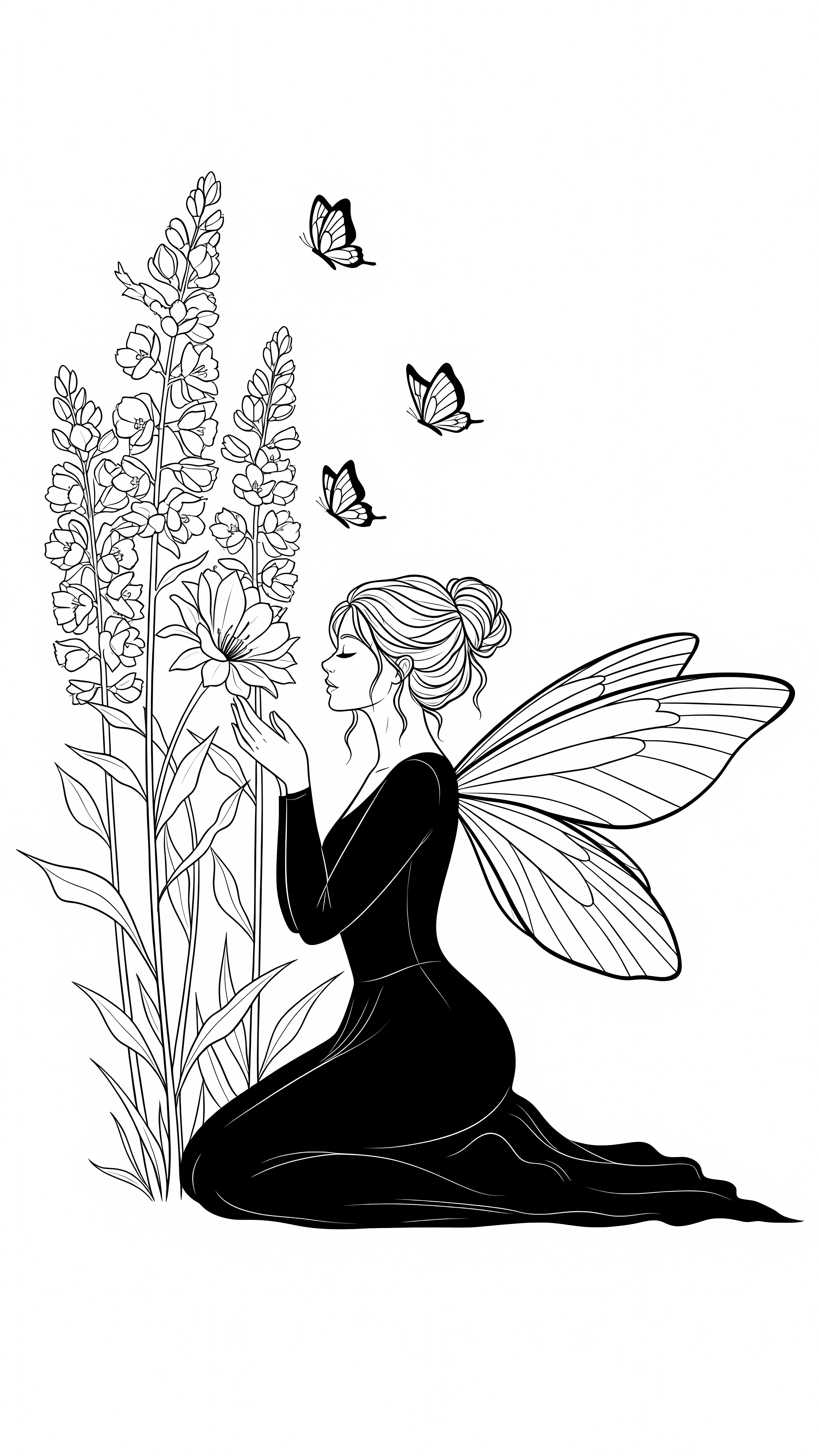 Fairy With Flowers – Minimal Fantasy Line Art Wallpaper
