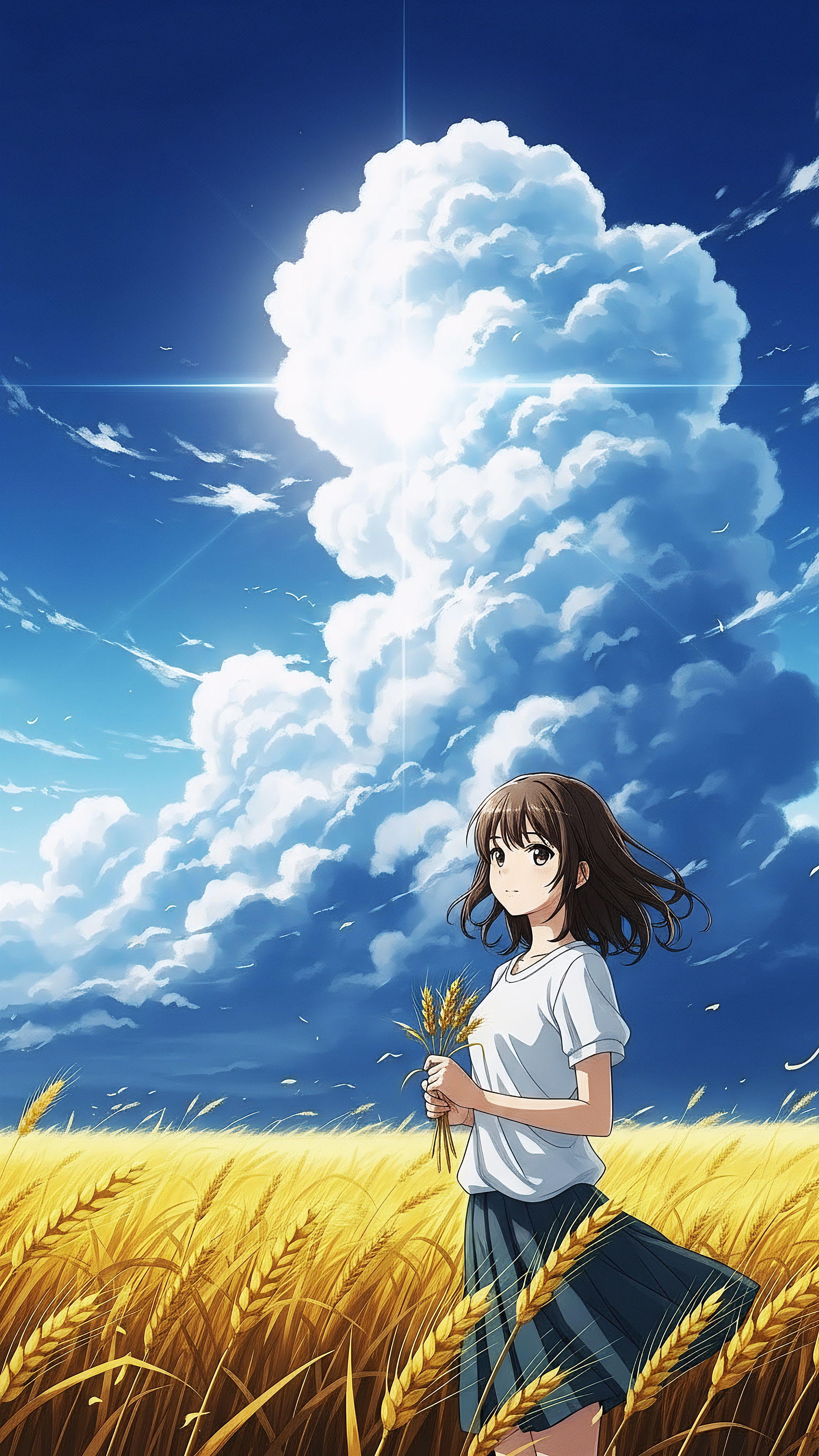Anime Girl Holding Wheat – Peaceful Countryside Wallpaper