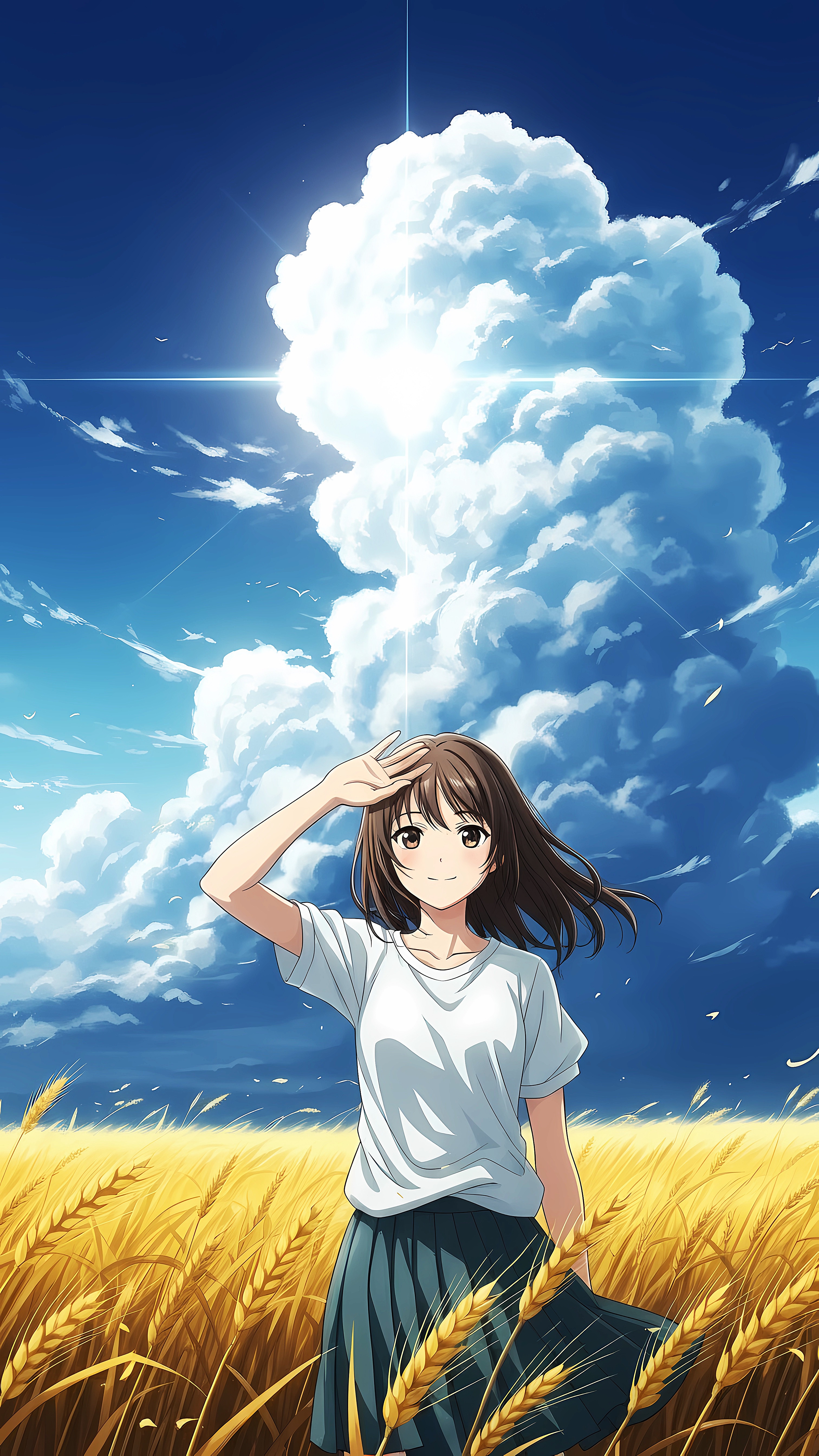 Smiling Anime Girl Under Vast Sky – Summer Aesthetic Wallpaper