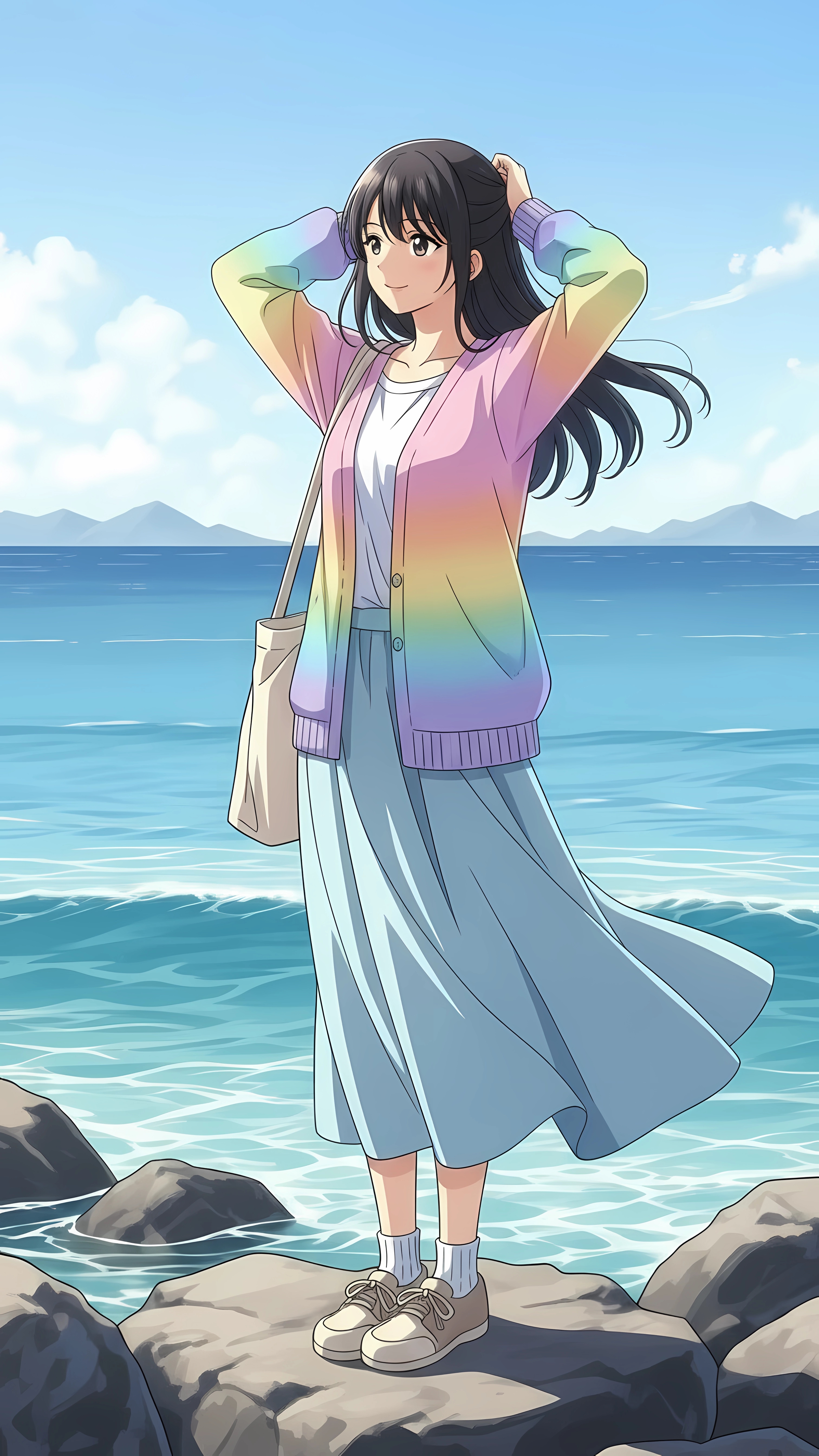 Pastel seaside anime girl aesthetics wallpaper