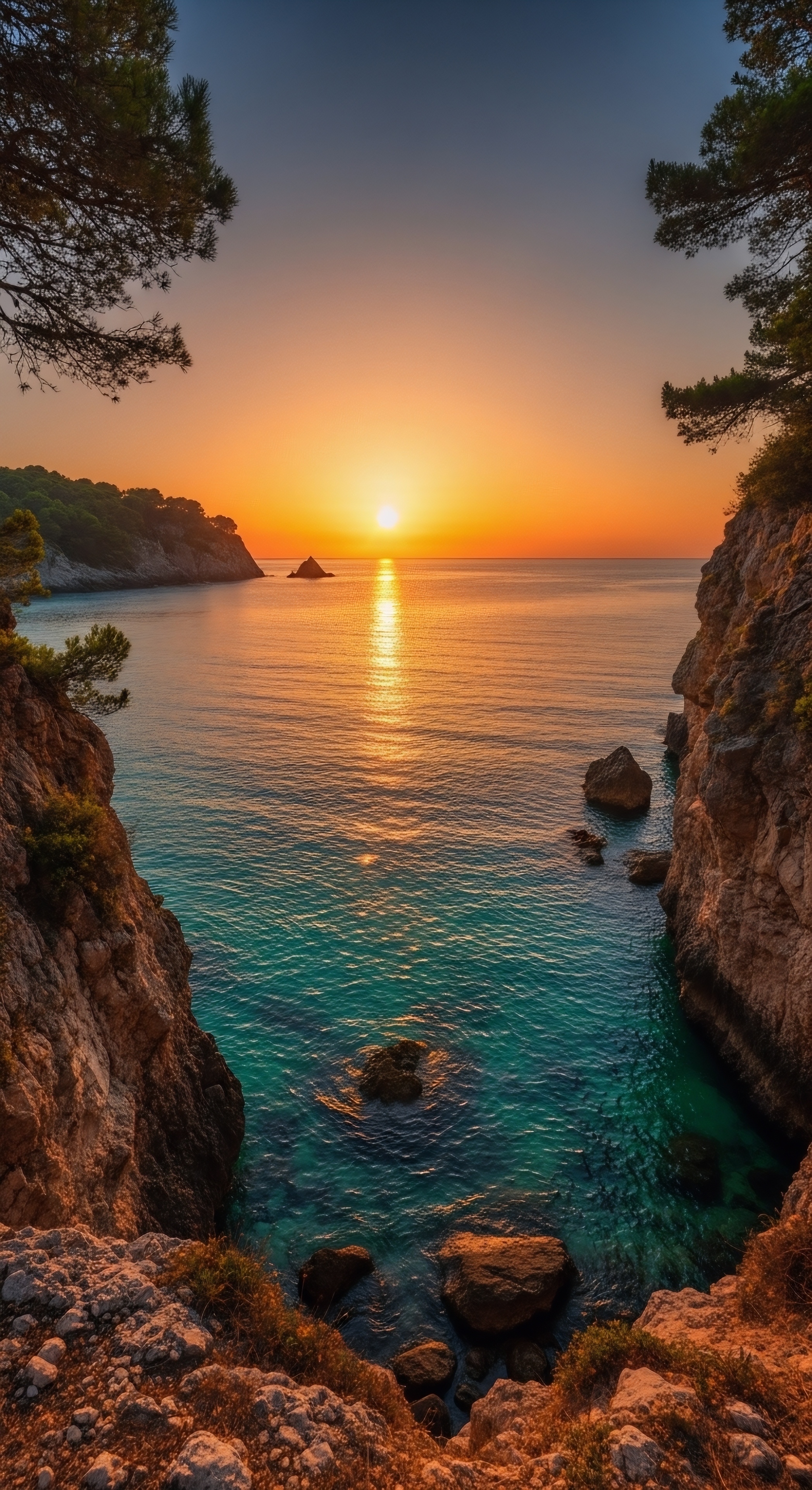 Golden ocean sunset rocky cove wallpaper