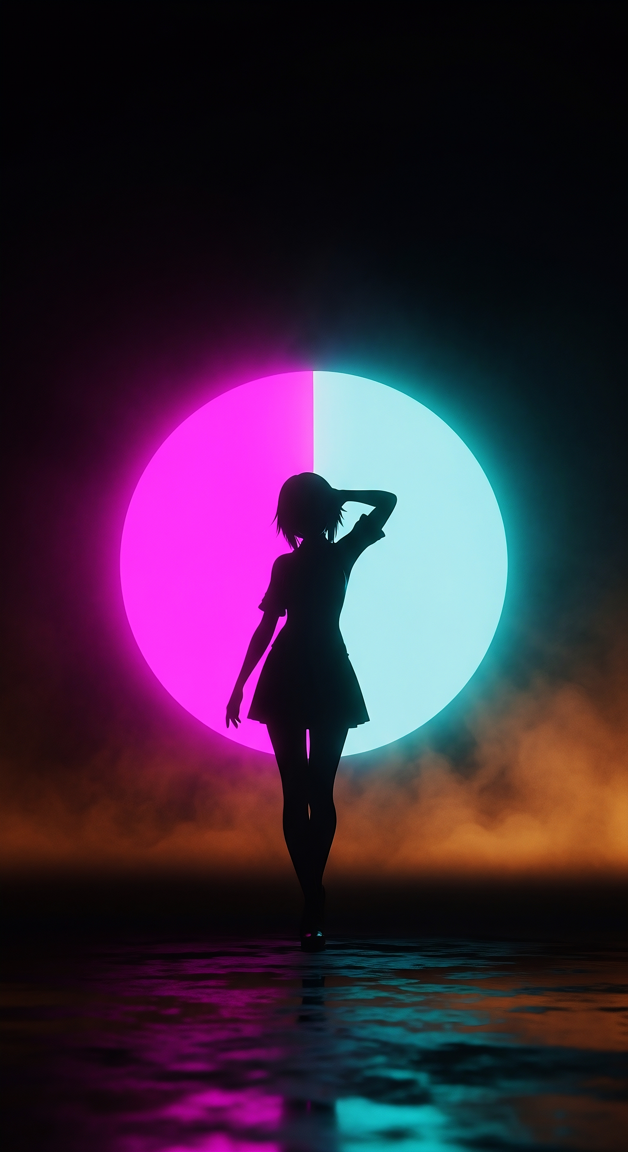 Neon Eclipse – Futuristic Girl Silhouette Aesthetic Wallpaper