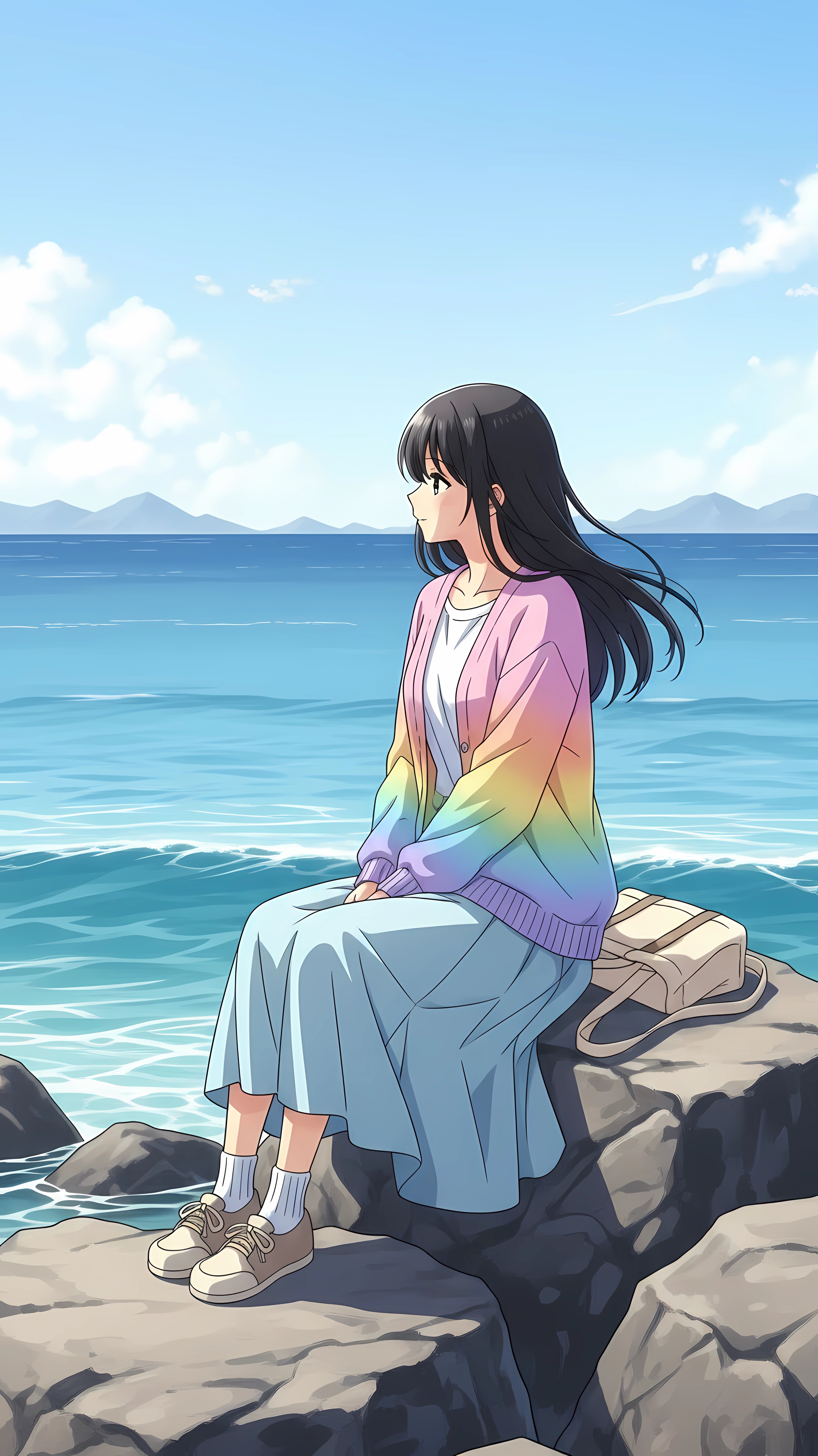 Ocean Thoughts – Peaceful Anime Girl Seaside Wallpaper