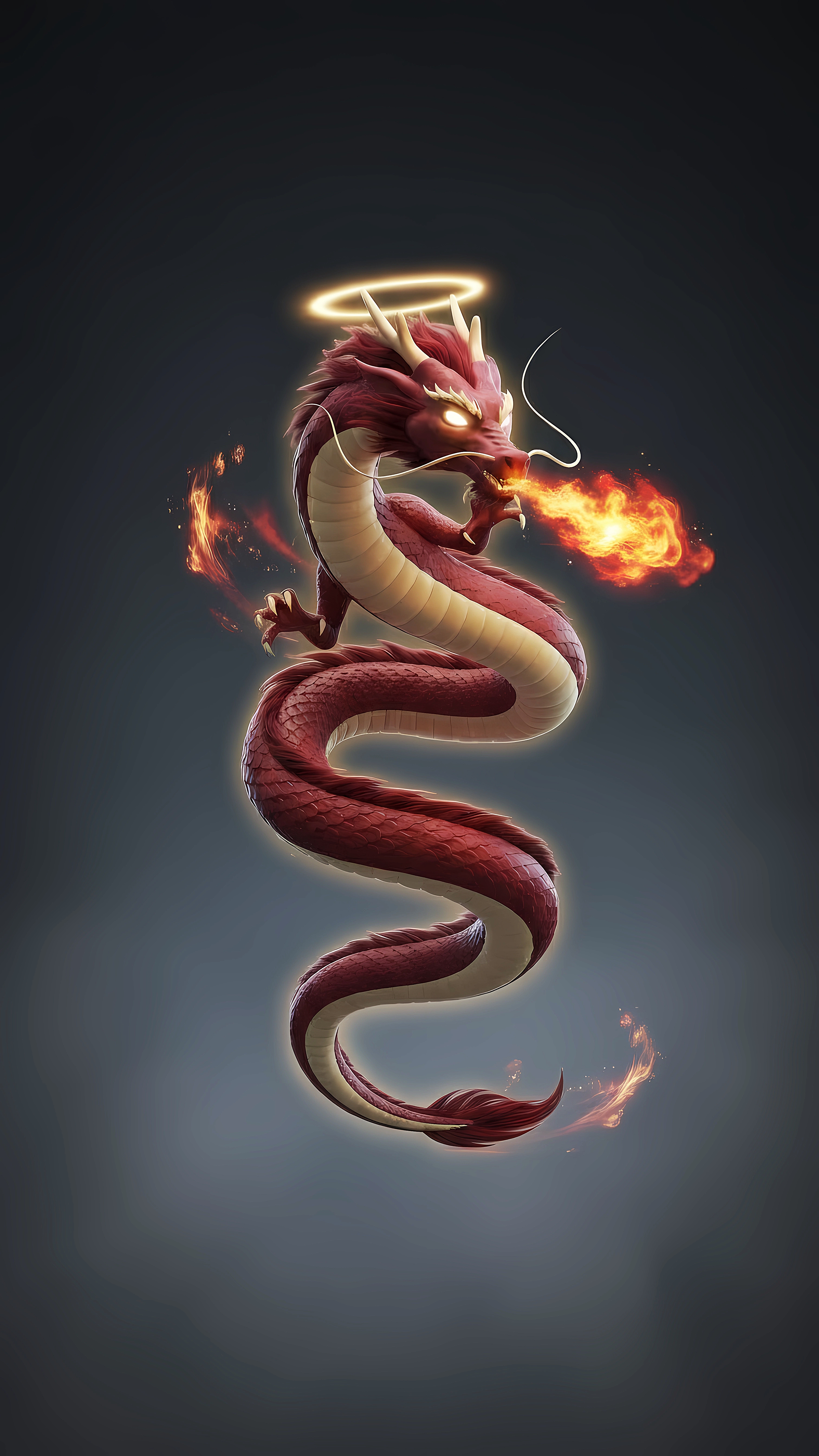 Divine Fire Dragon with Halo – Epic Fantasy Wallpaper