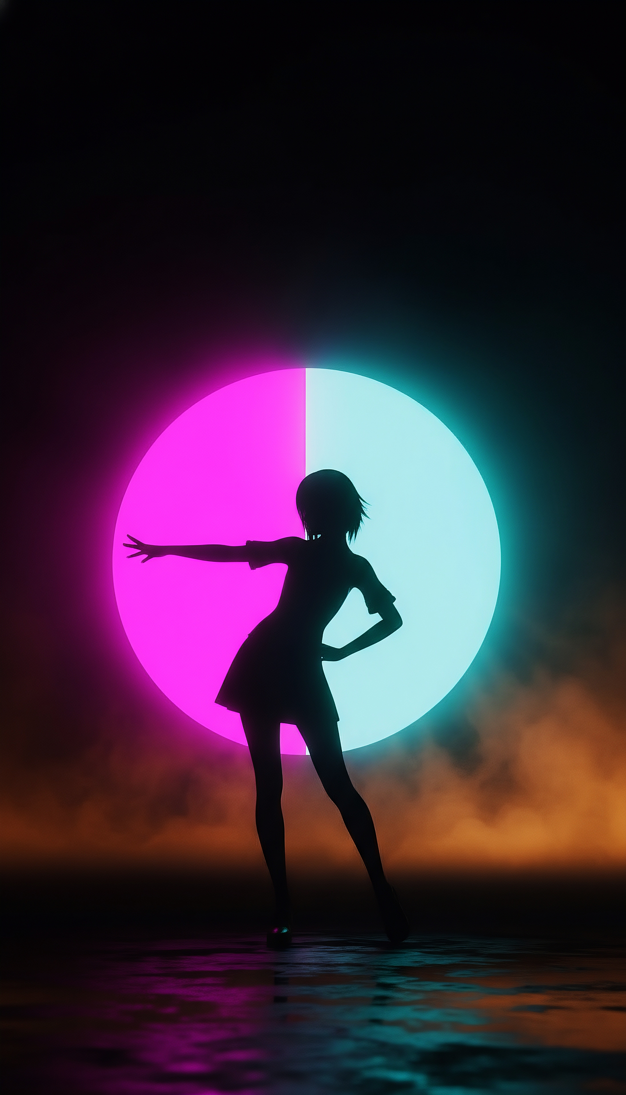 Neon Silhouette Girl with Dual Light Circle – Modern Aesthetic Wallpaper