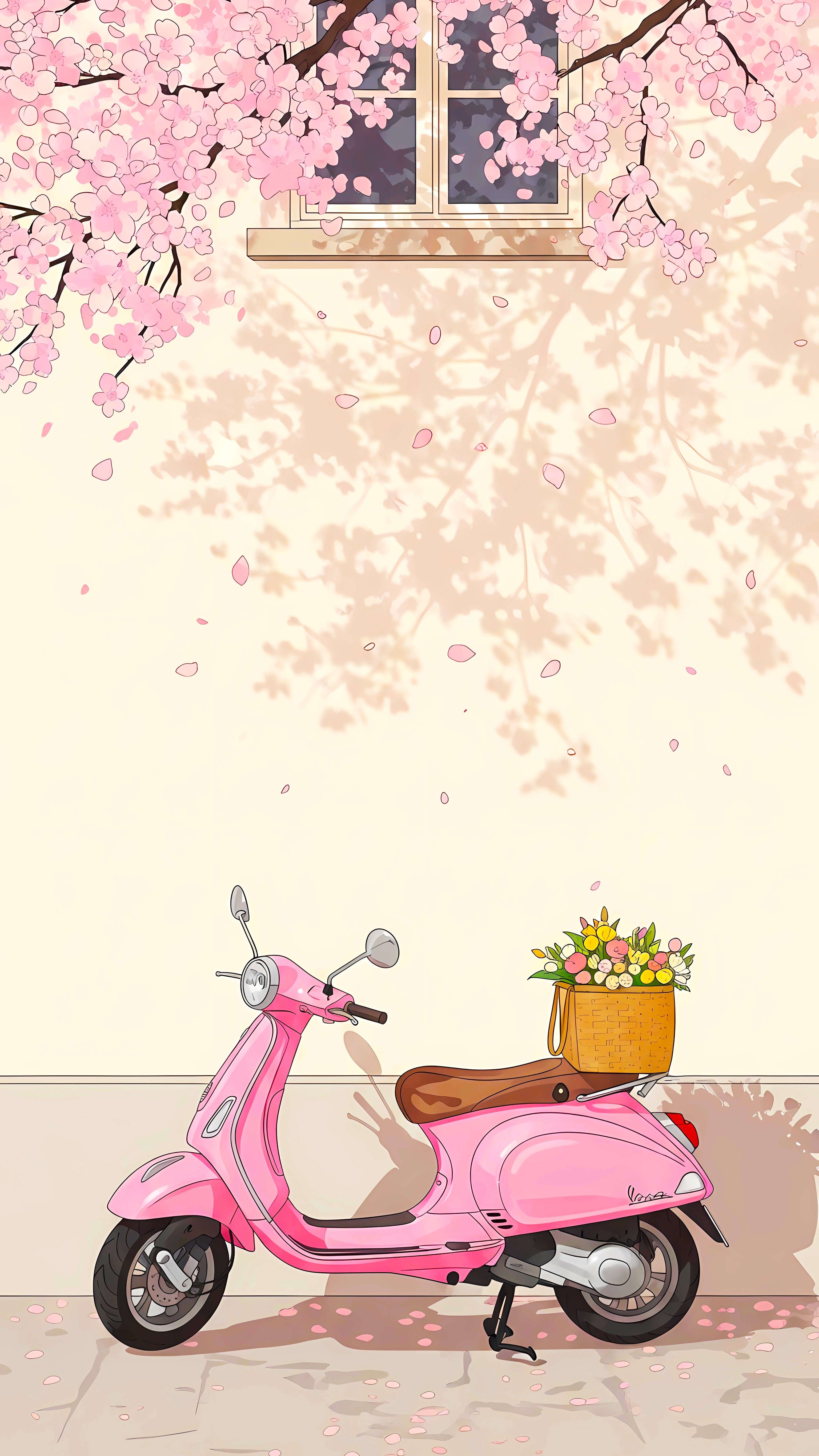 Pink Blossom Scooter – Spring Aesthetic Wallpaper