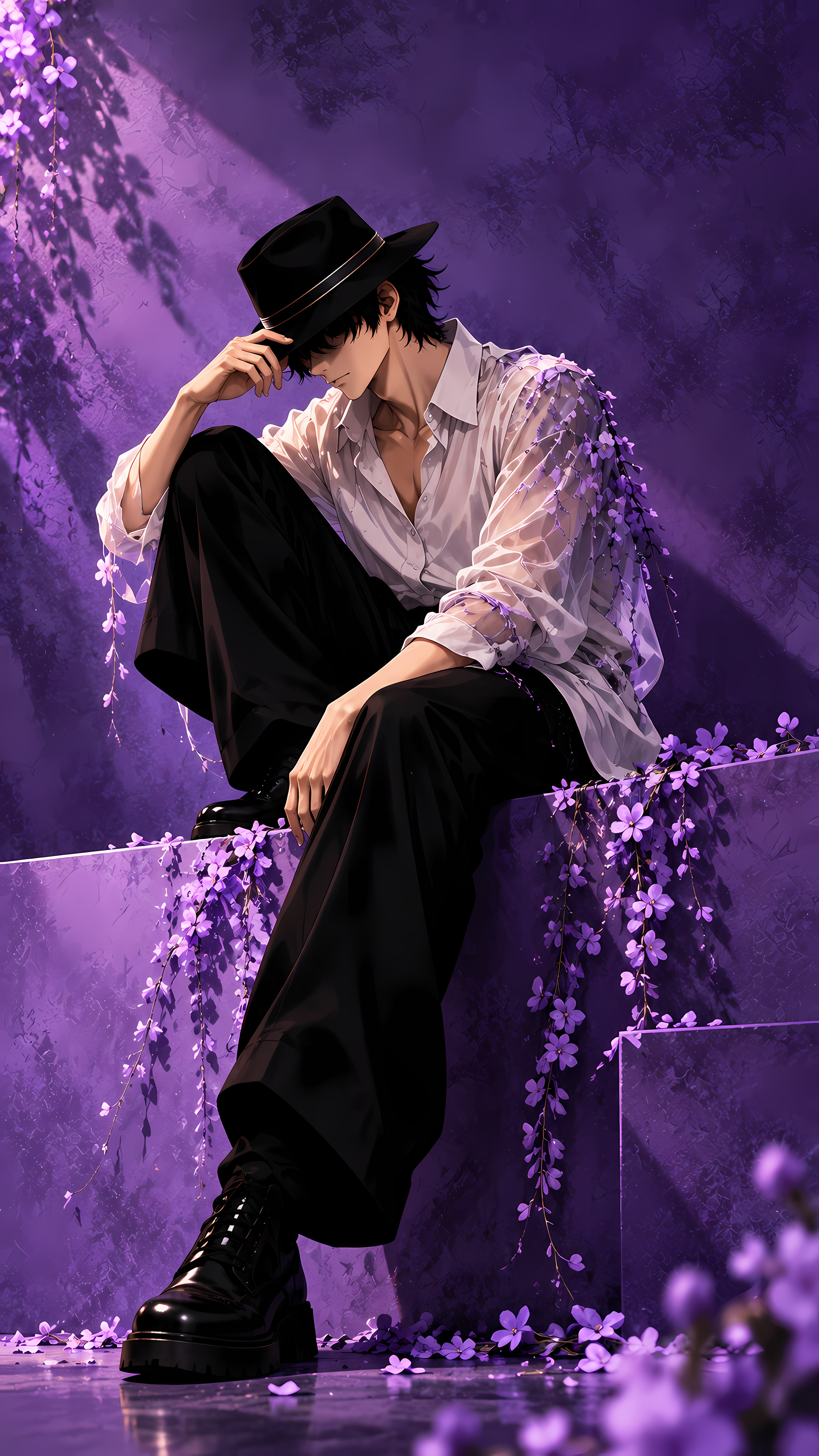 Anime Guy Sitting With Purple Wisteria In Sheer Shirt