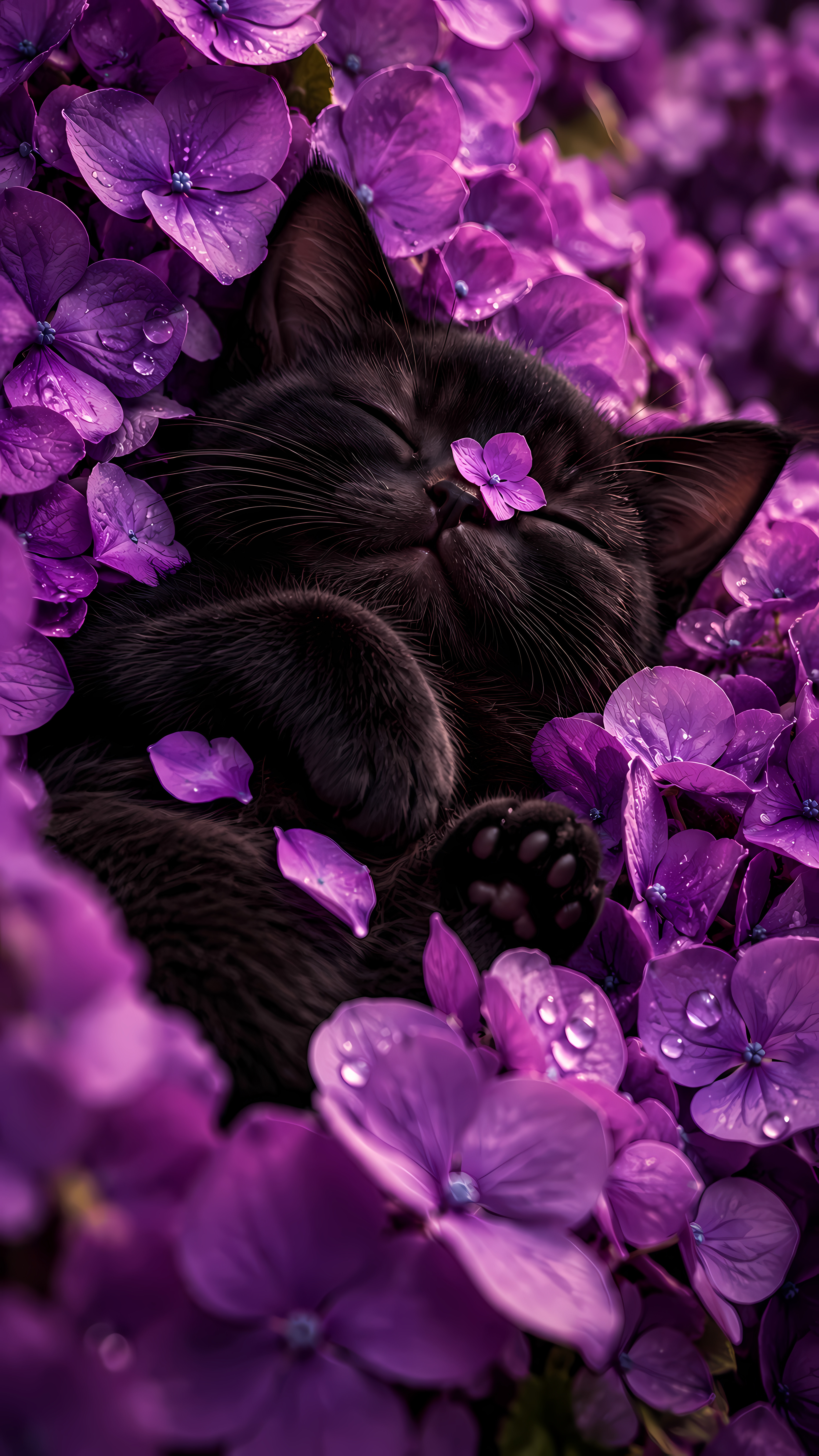 Sleepy black cat in wet purple blooming flower petals