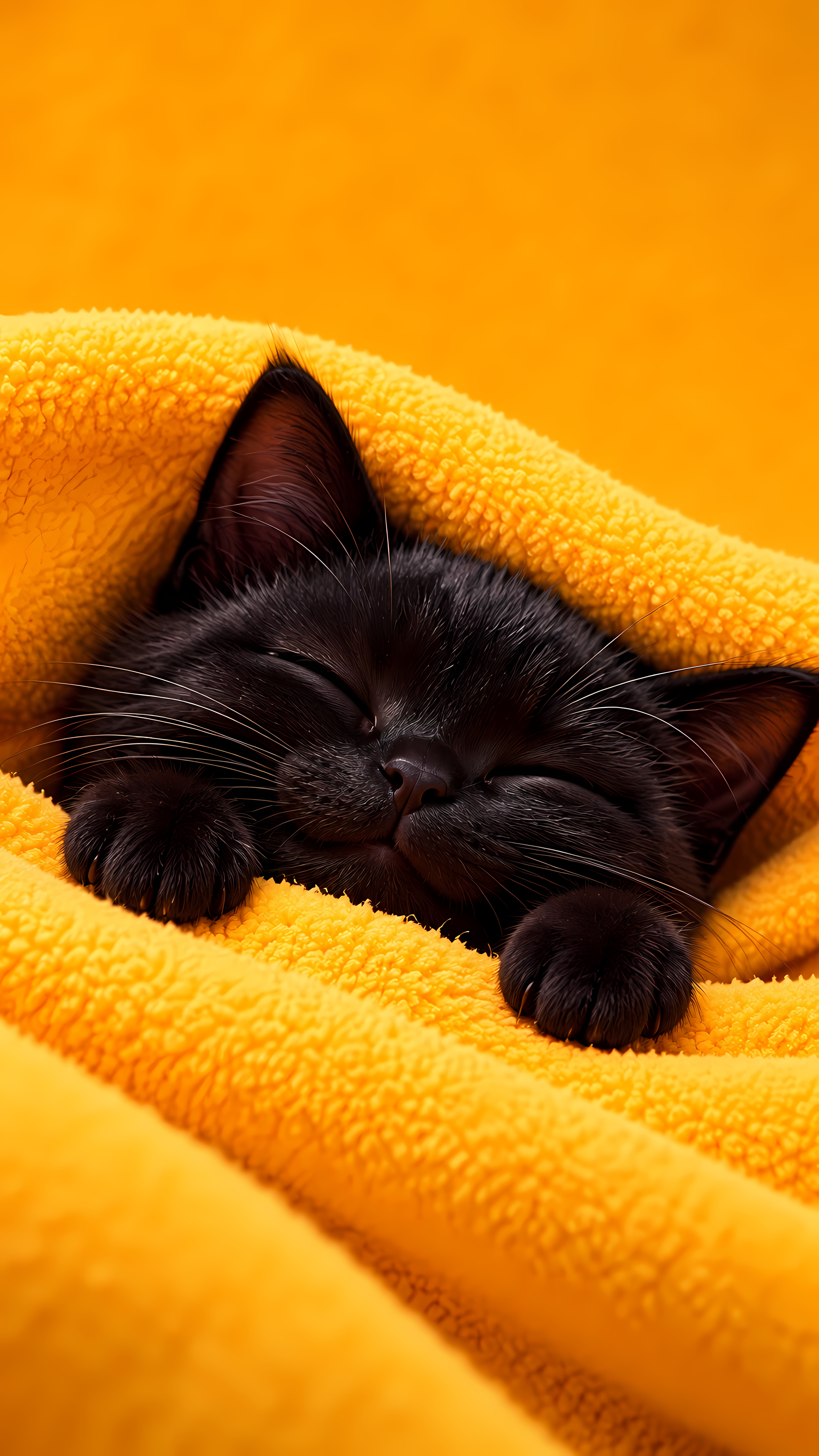 Tiny sleeping black kitten wrapped in warm yellow blanket