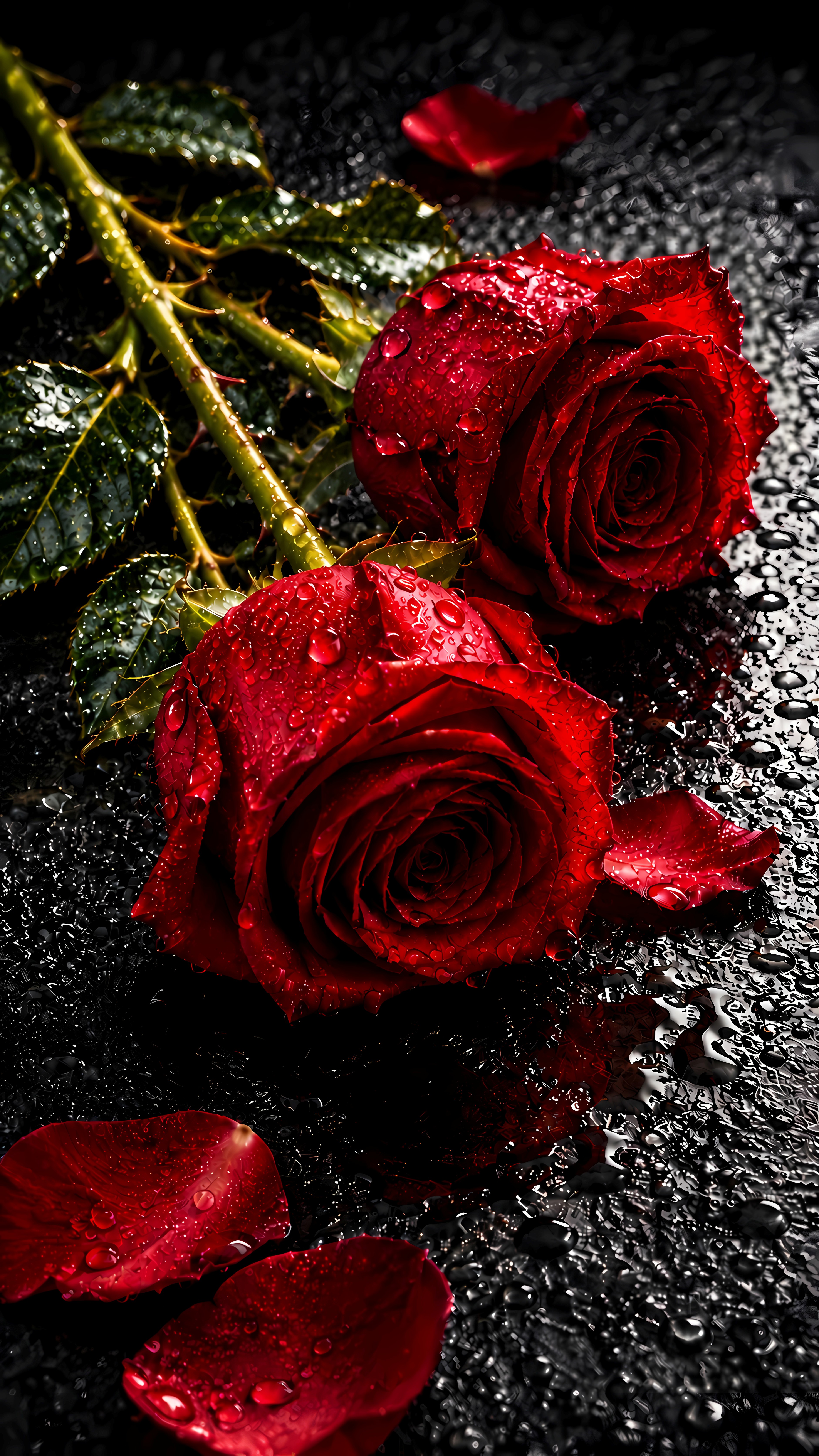 Two wet red roses lying on a dark surface