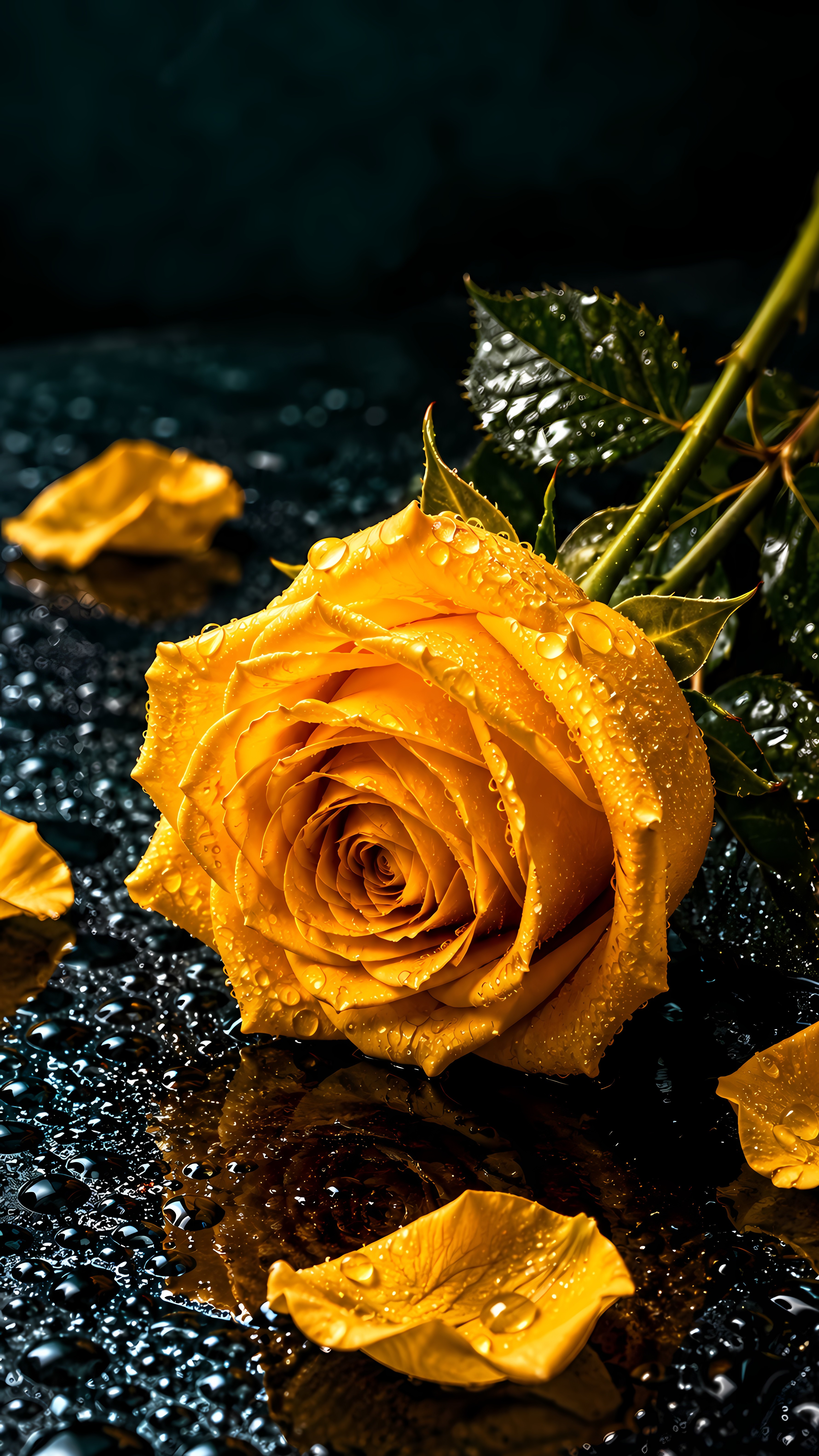 Yellow wet rose blossom lying on dark background surface