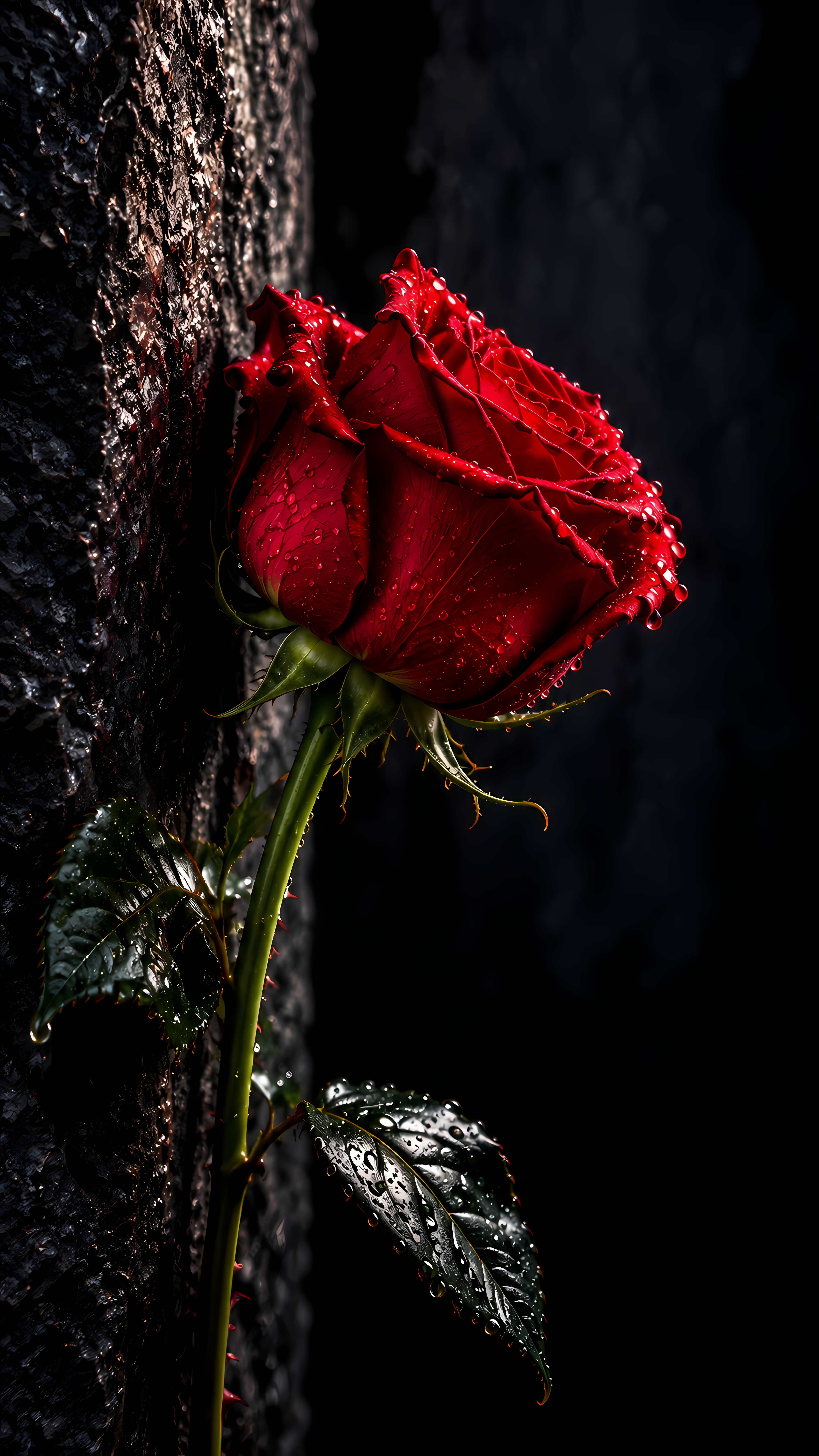 Single wet red rose resting against dark tree bark
