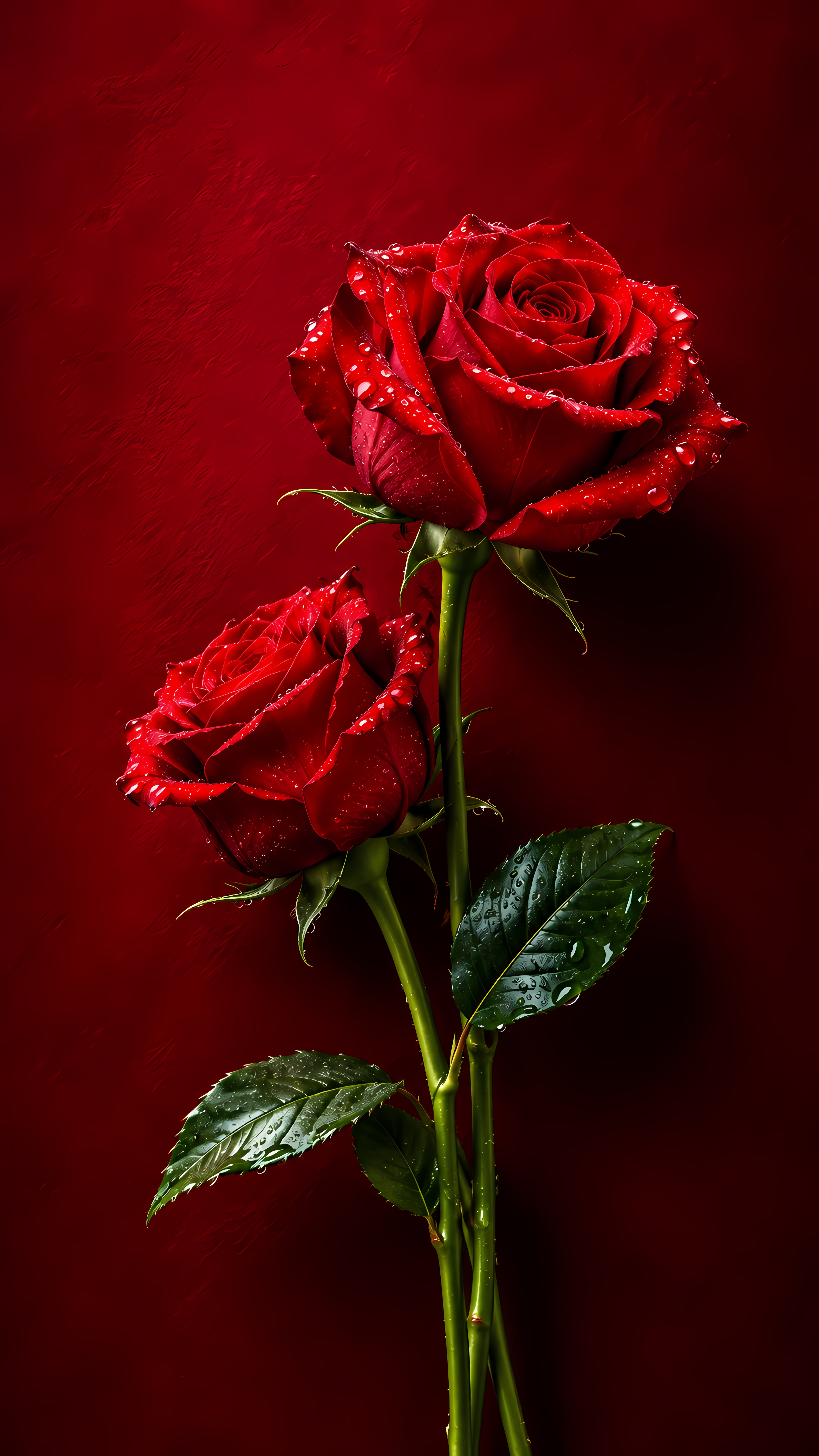Two red roses standing against a deep red background