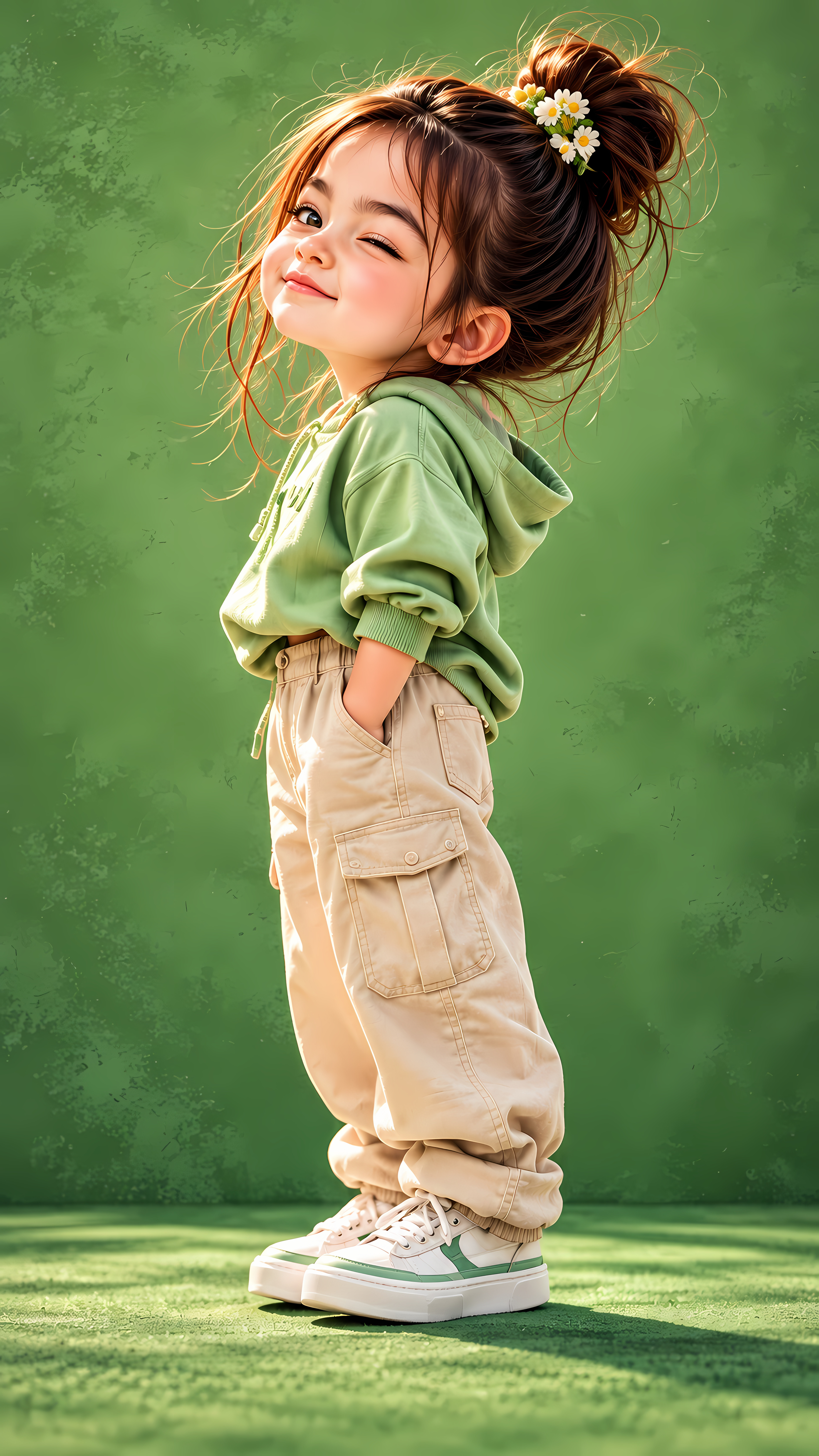 Cute Little Girl In Green Hoodie And Cargo Pants Wallpaper