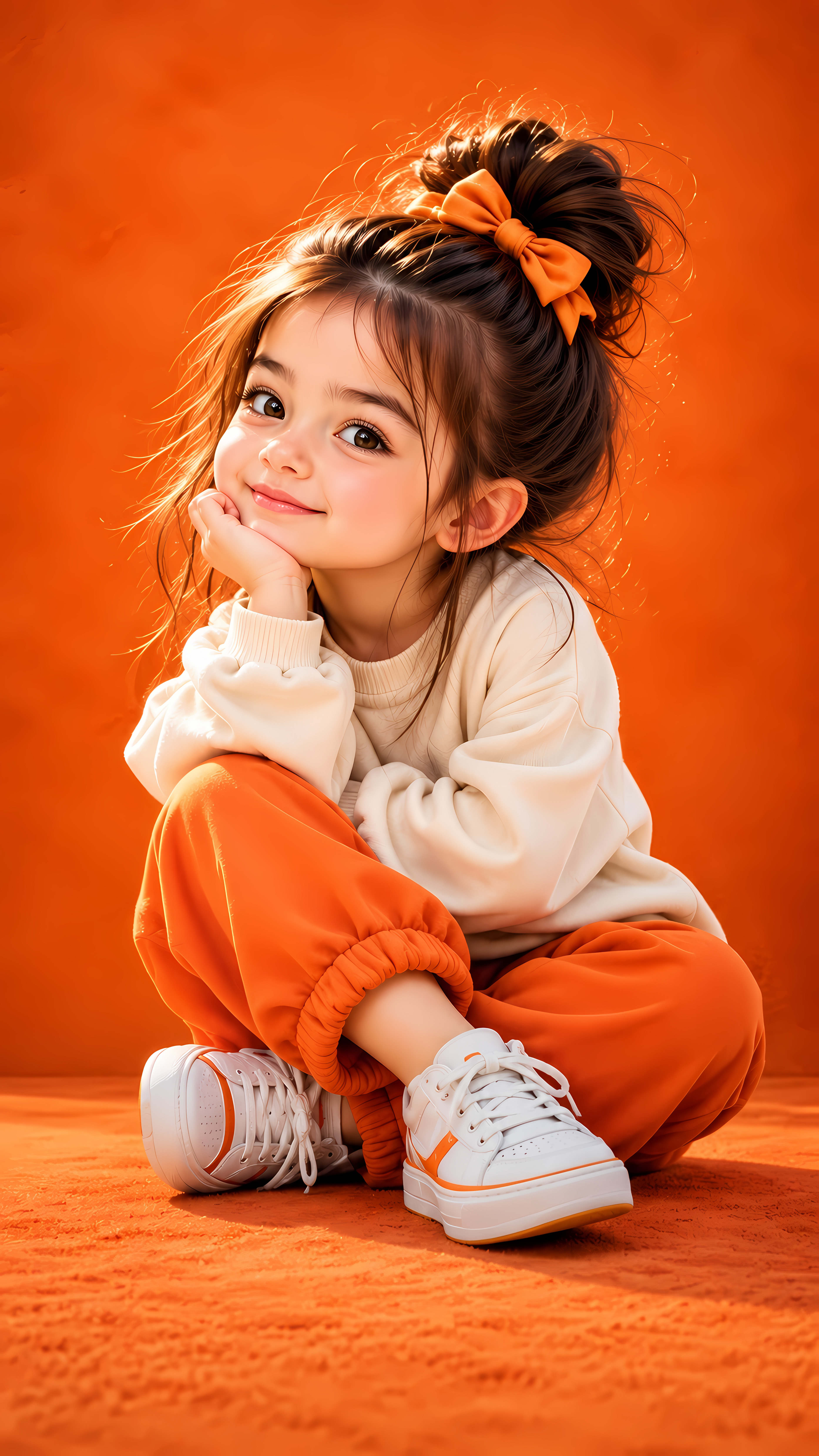 Adorable Smiling Girl In Orange Pants And Cream Sweater Art