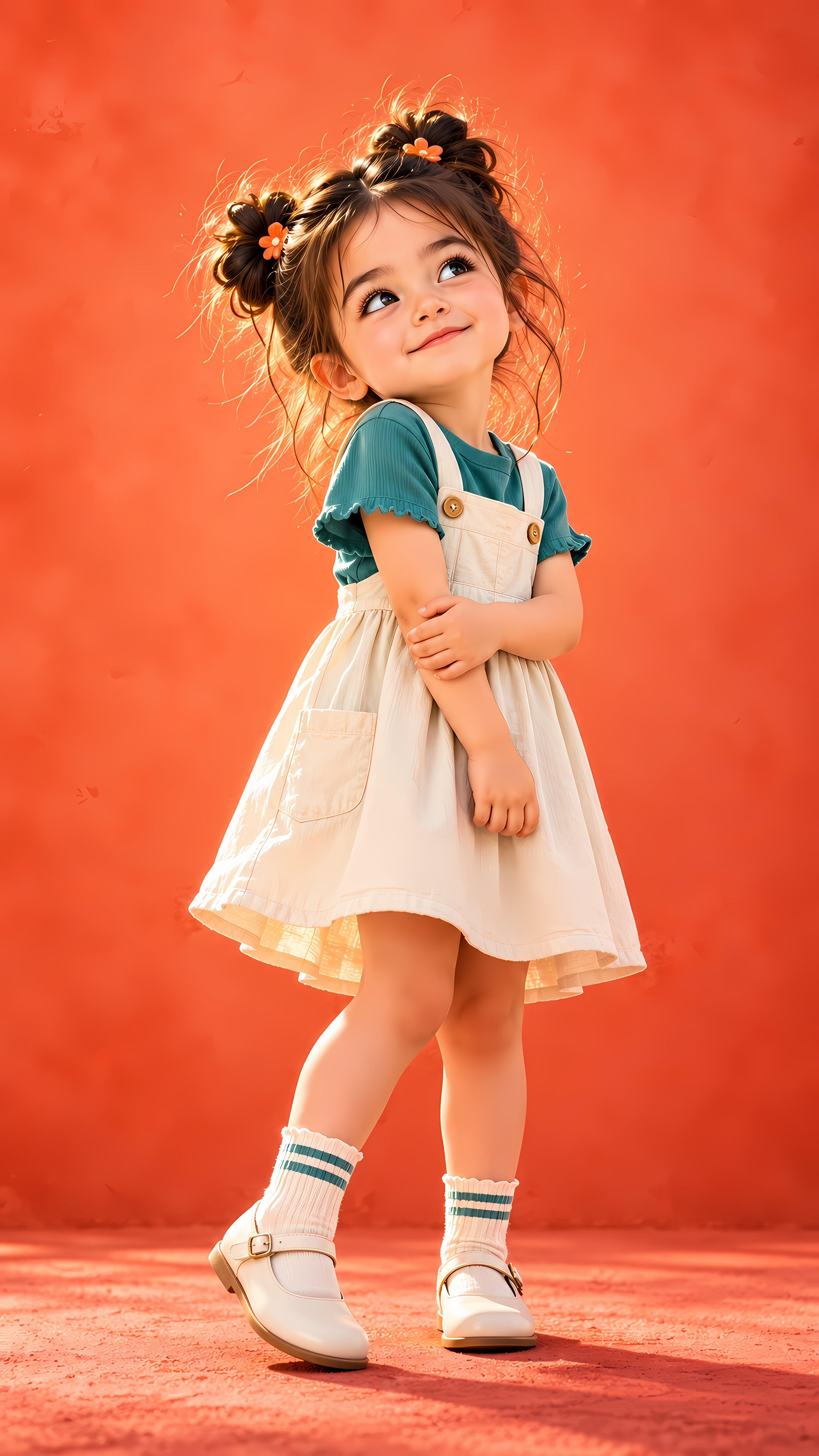 Cute Toddler Girl In Beige Overalls Looking Up Sweetly Art