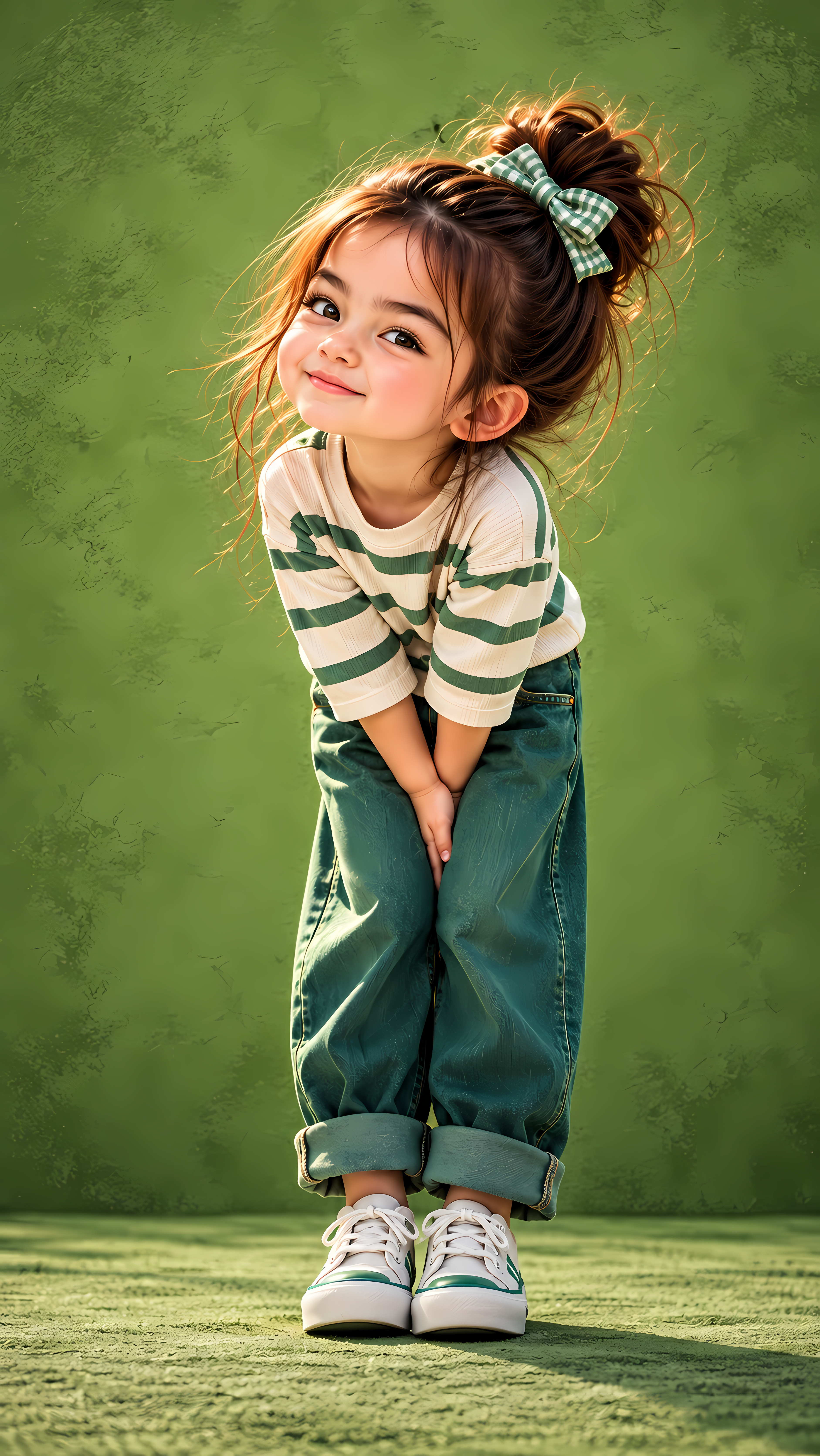 Cute Smiling Girl In Green Striped Shirt And Jeans Art