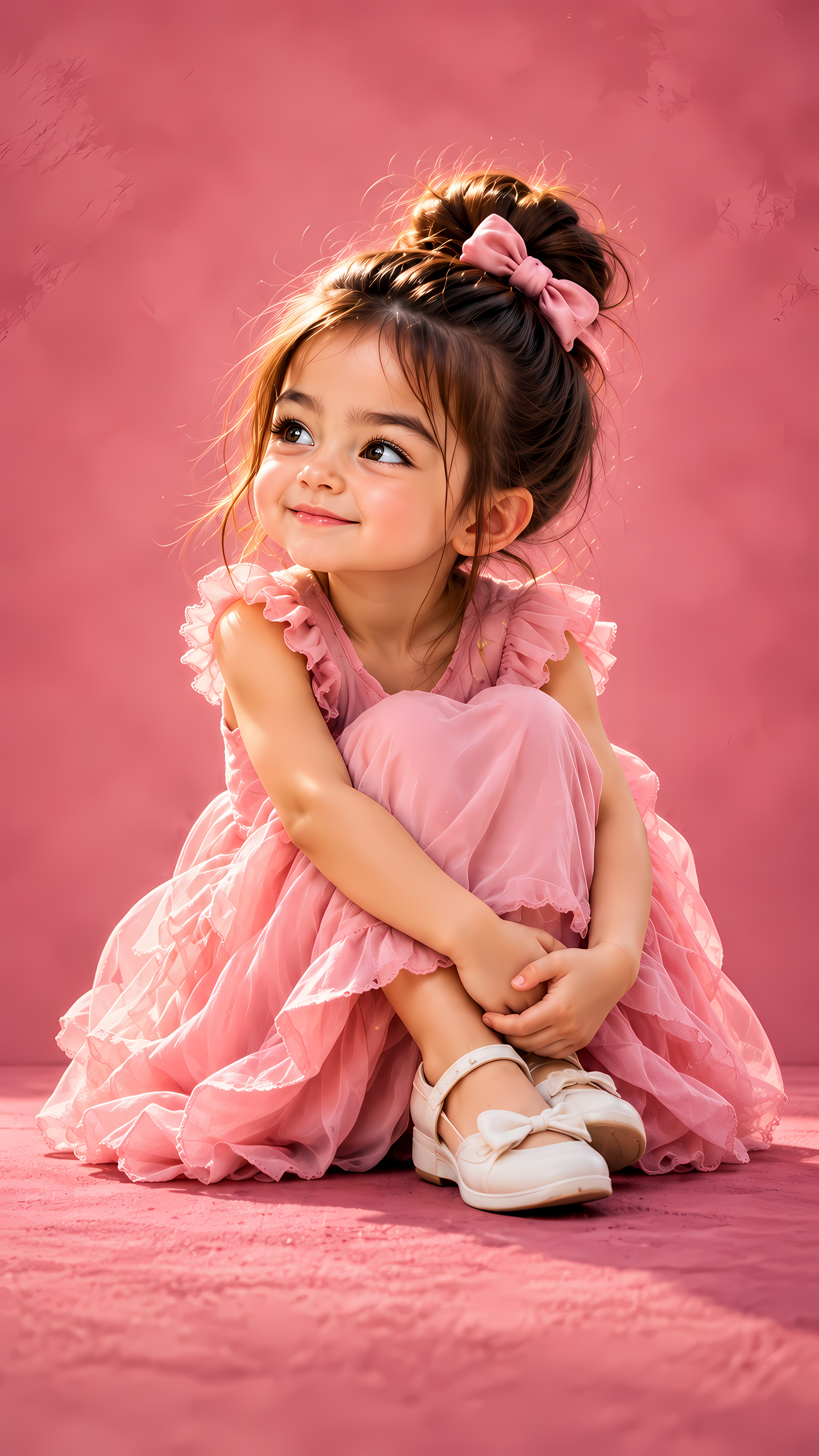 Adorable Girl In Ruffled Pink Dress Sitting Smiling 3D Art