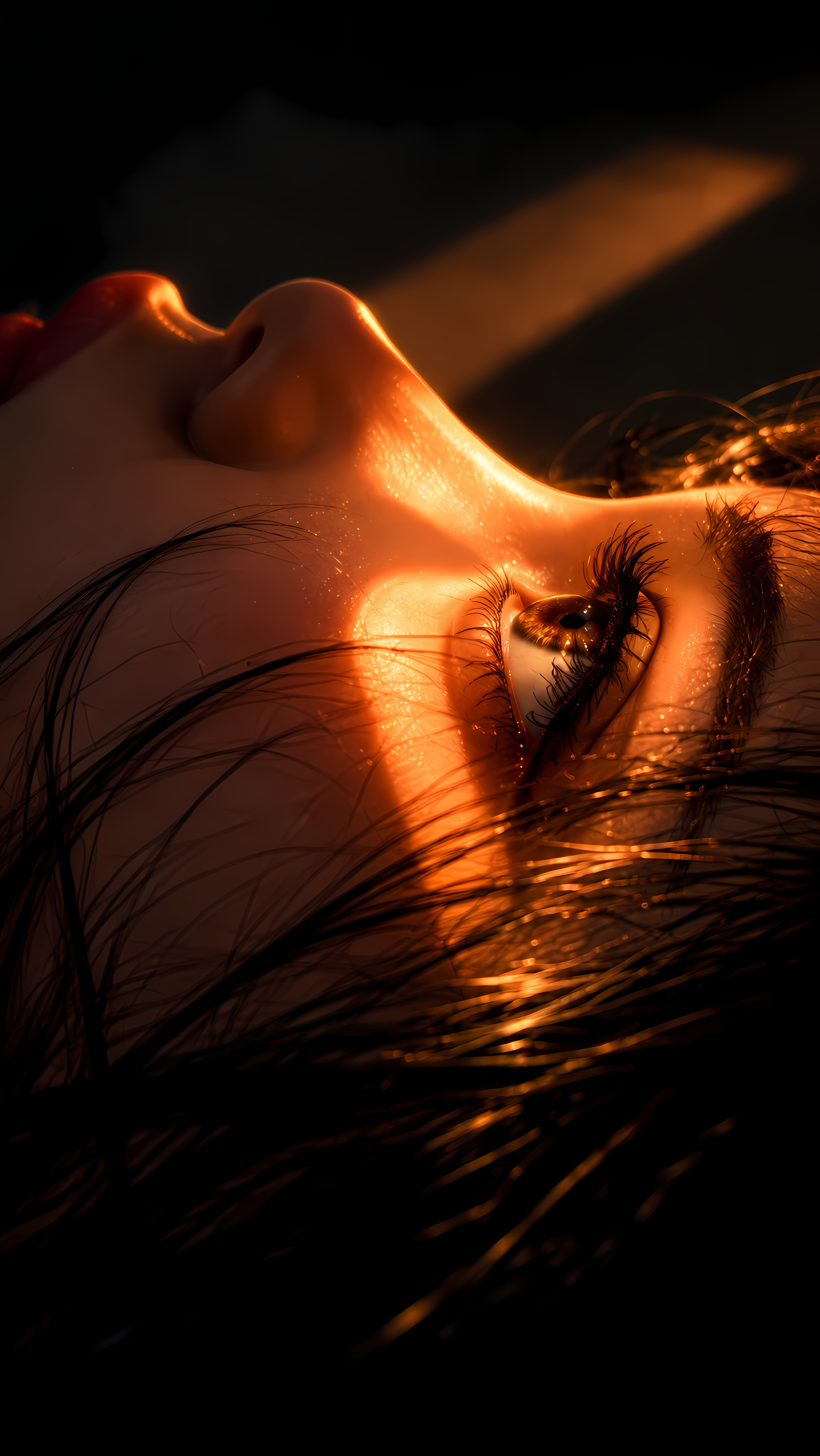 Soft gold sun beam on side face dark eye