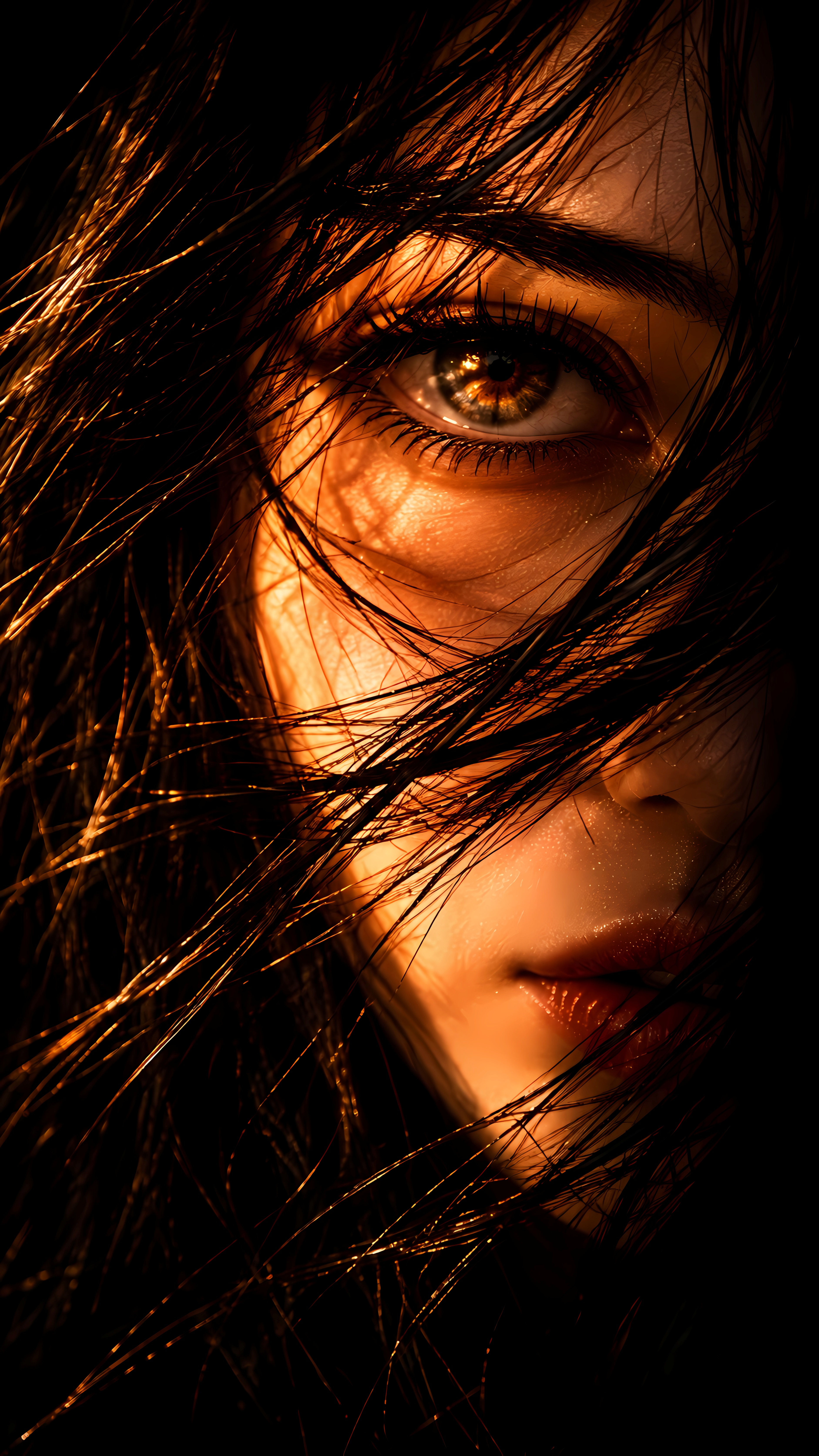 Deep warm sun glow on soft face dark hair
