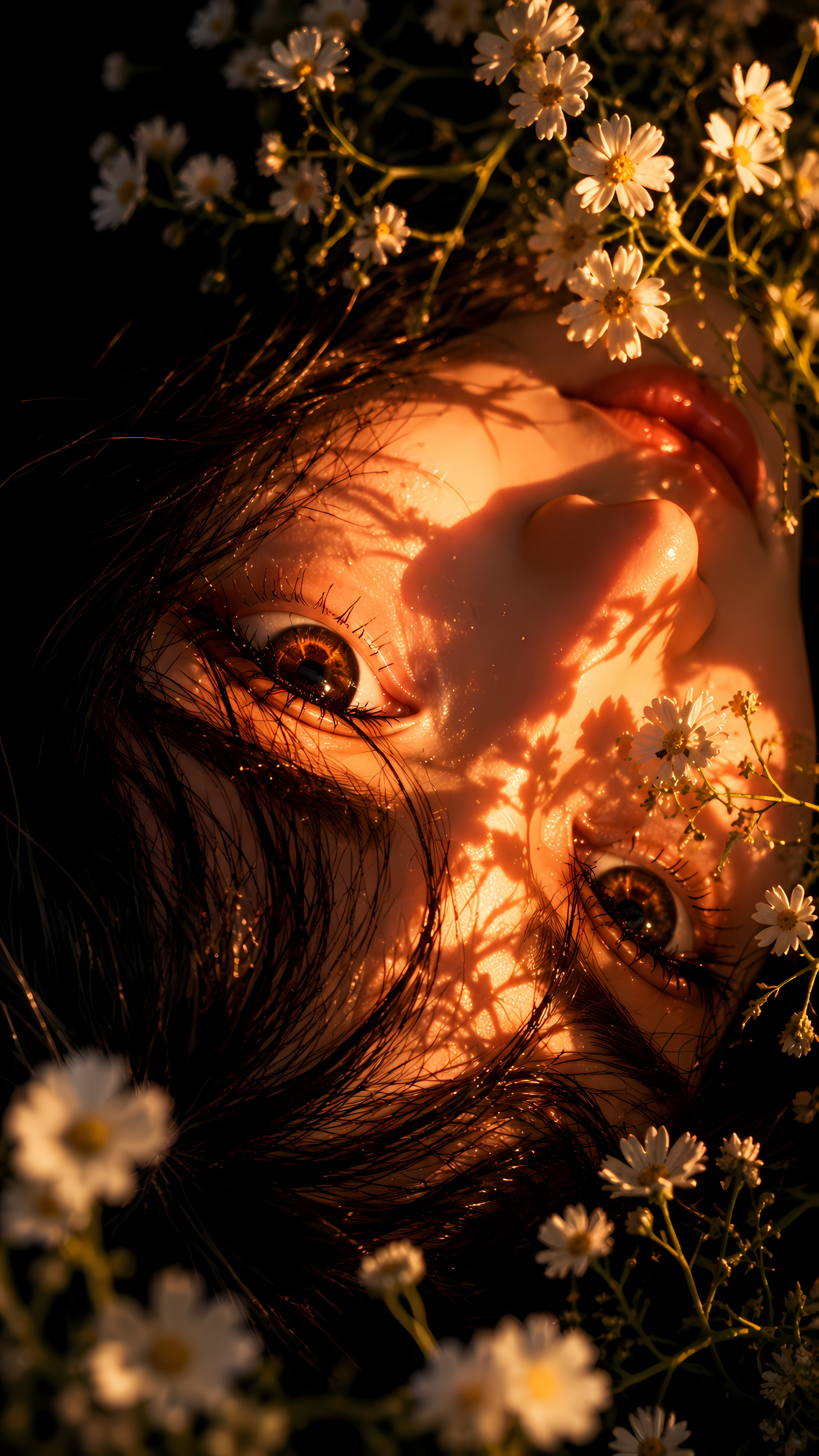 Warm sun rays on soft face in white blooms