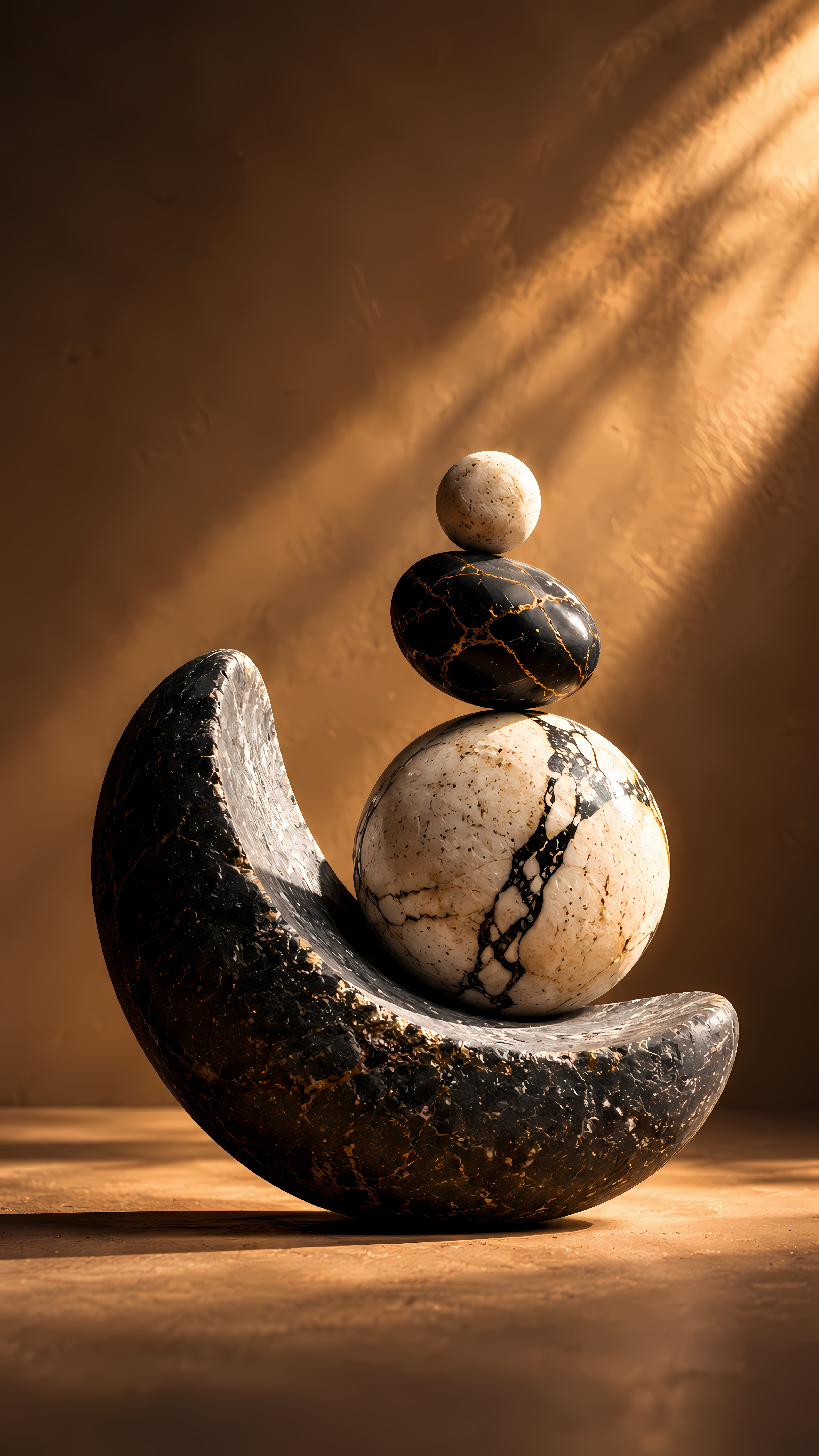 Textured marble spheres resting on a dark stone crescent