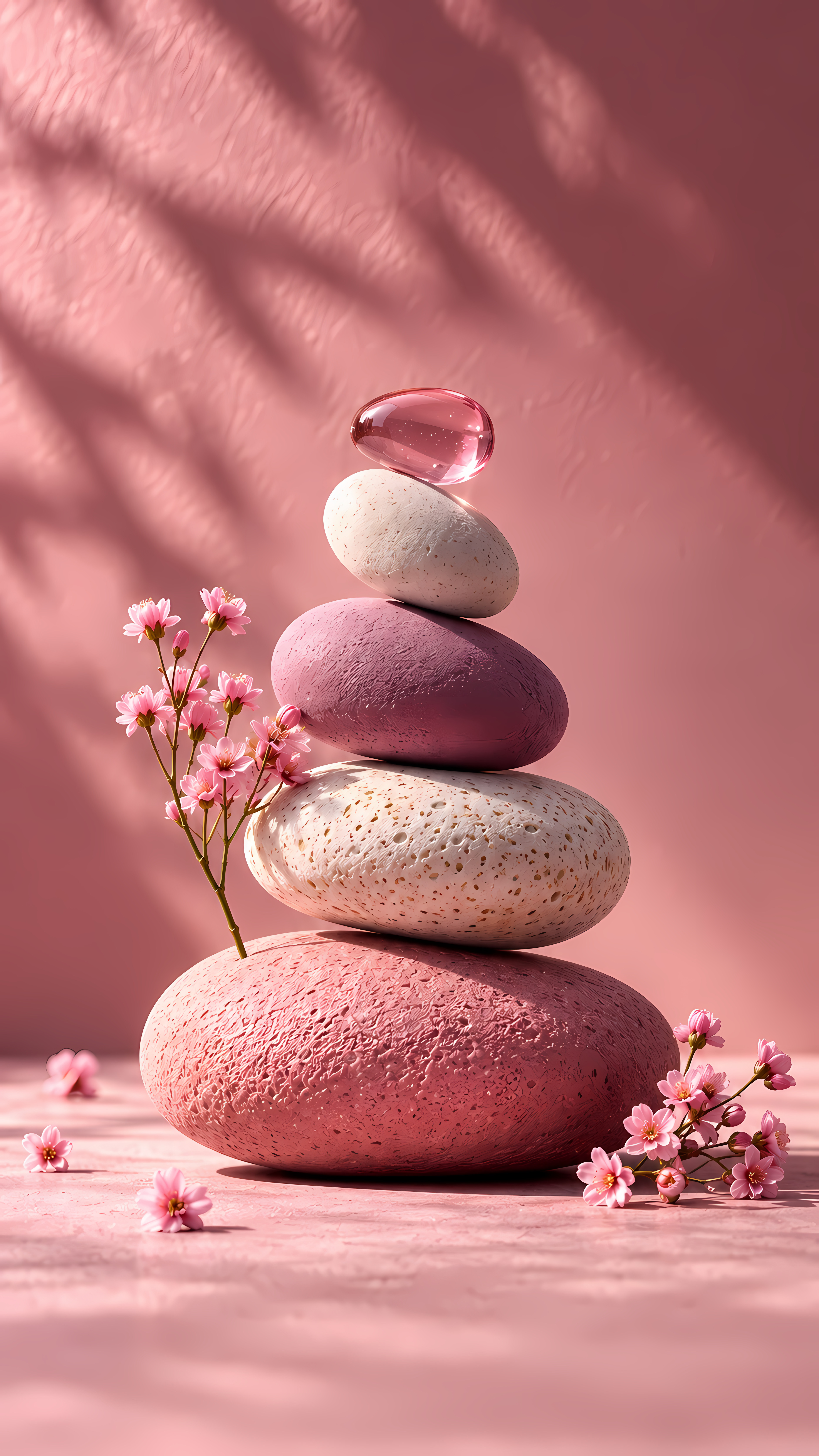 Pink smooth stones balanced with delicate small spring flowers