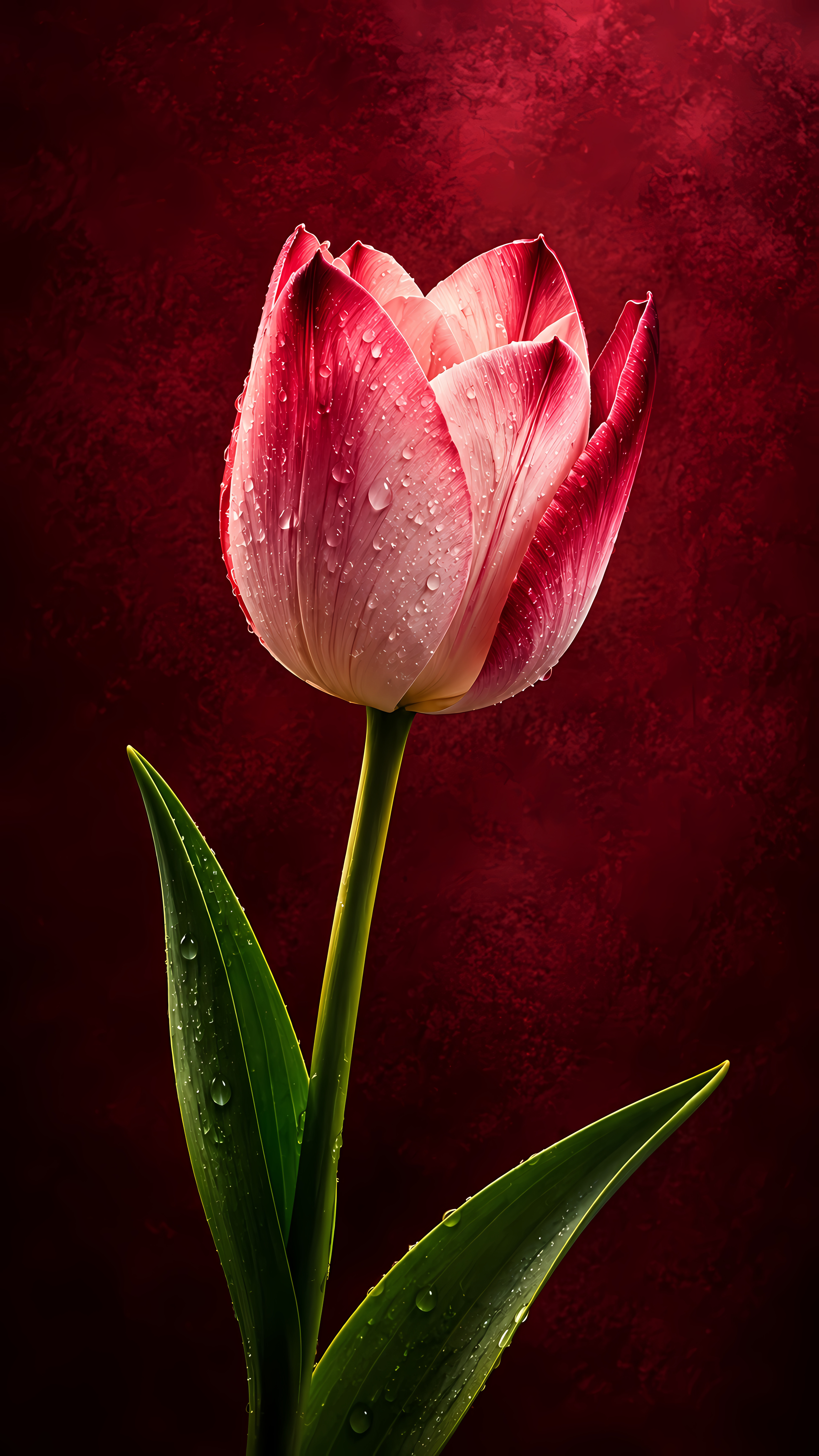 Pink wet tulip flower on dark red textured background