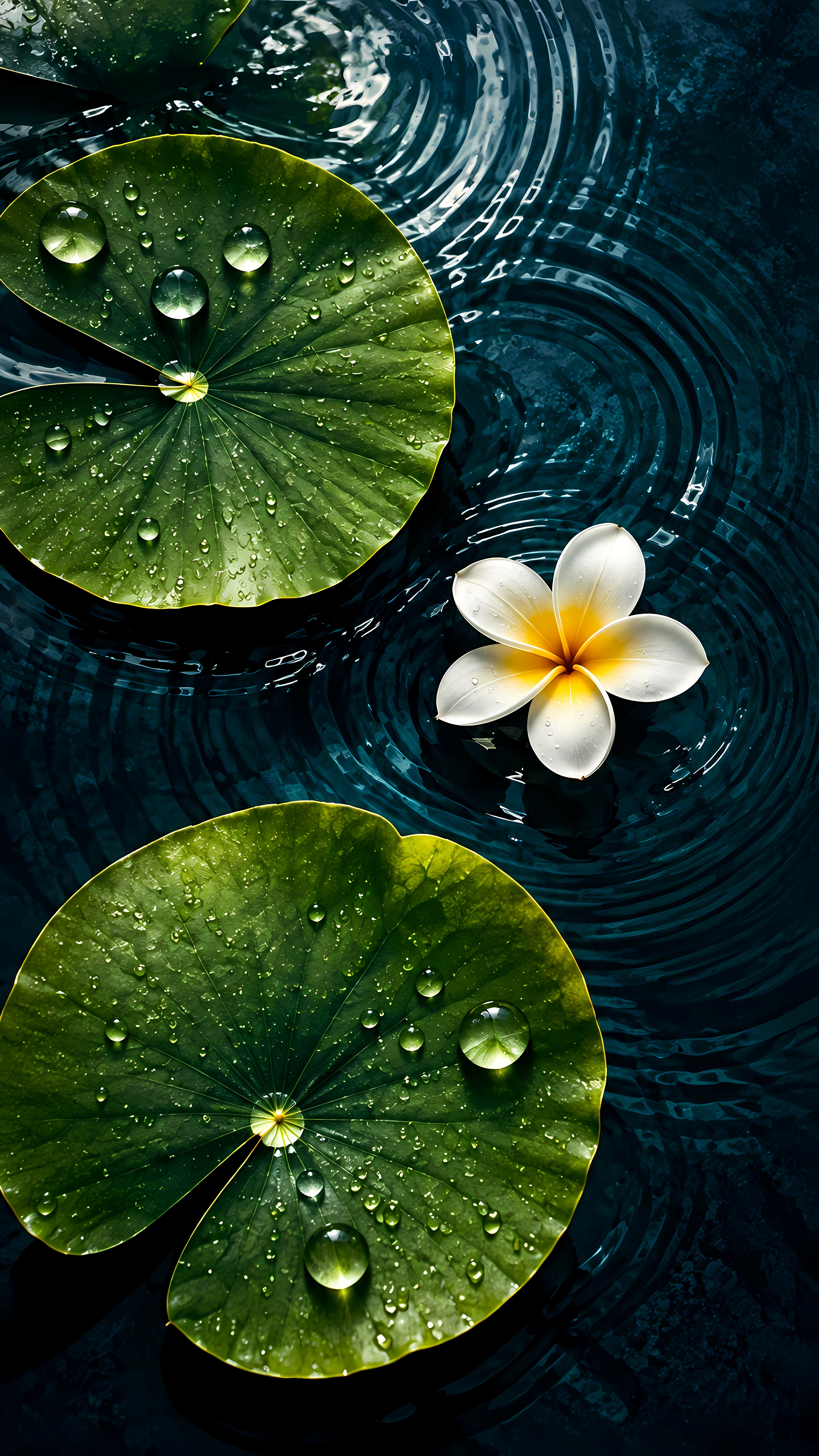 White frangipani flower lily pads on dark rippling water
