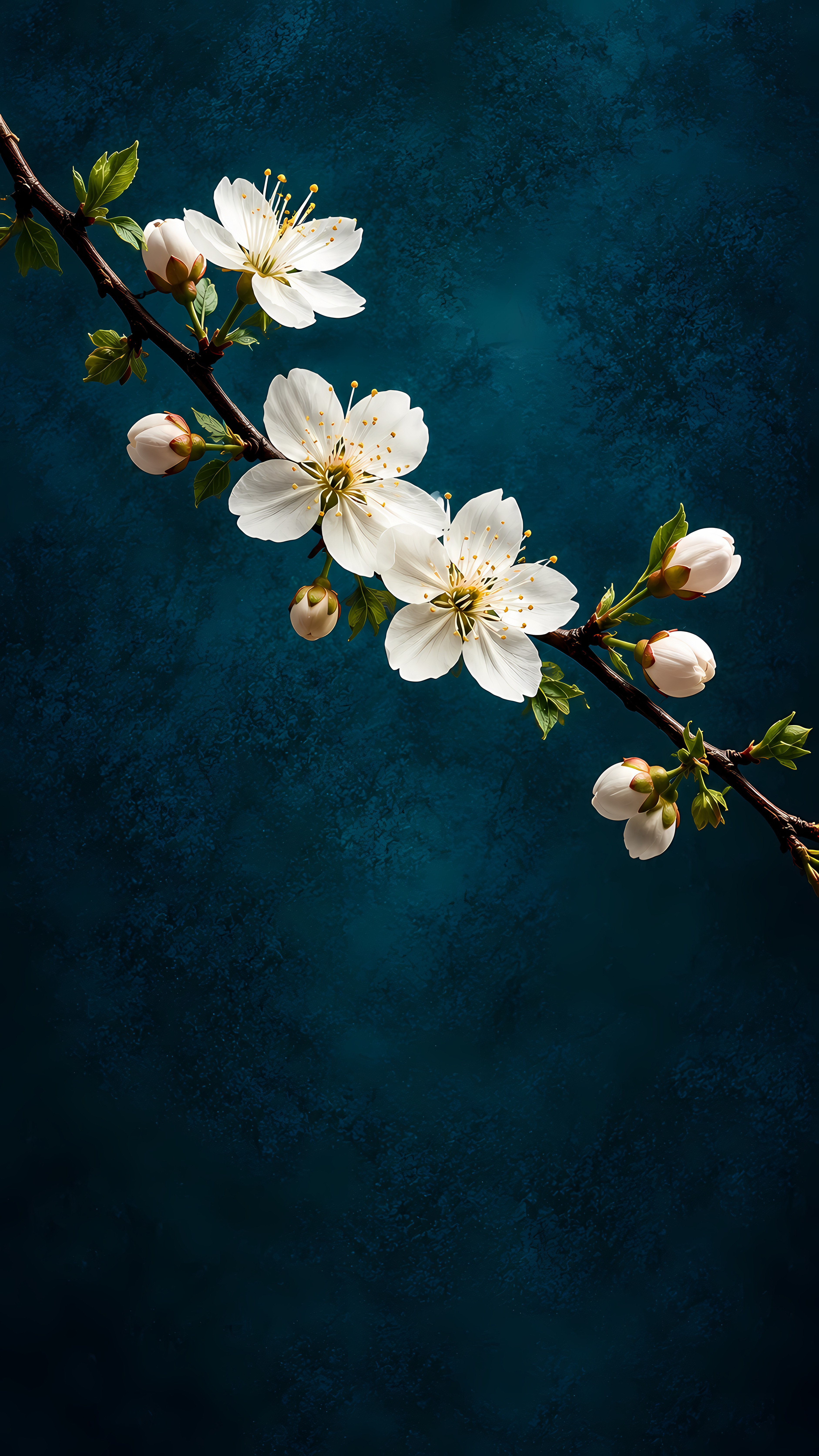 White cherry blossom branch on dark blue textured background