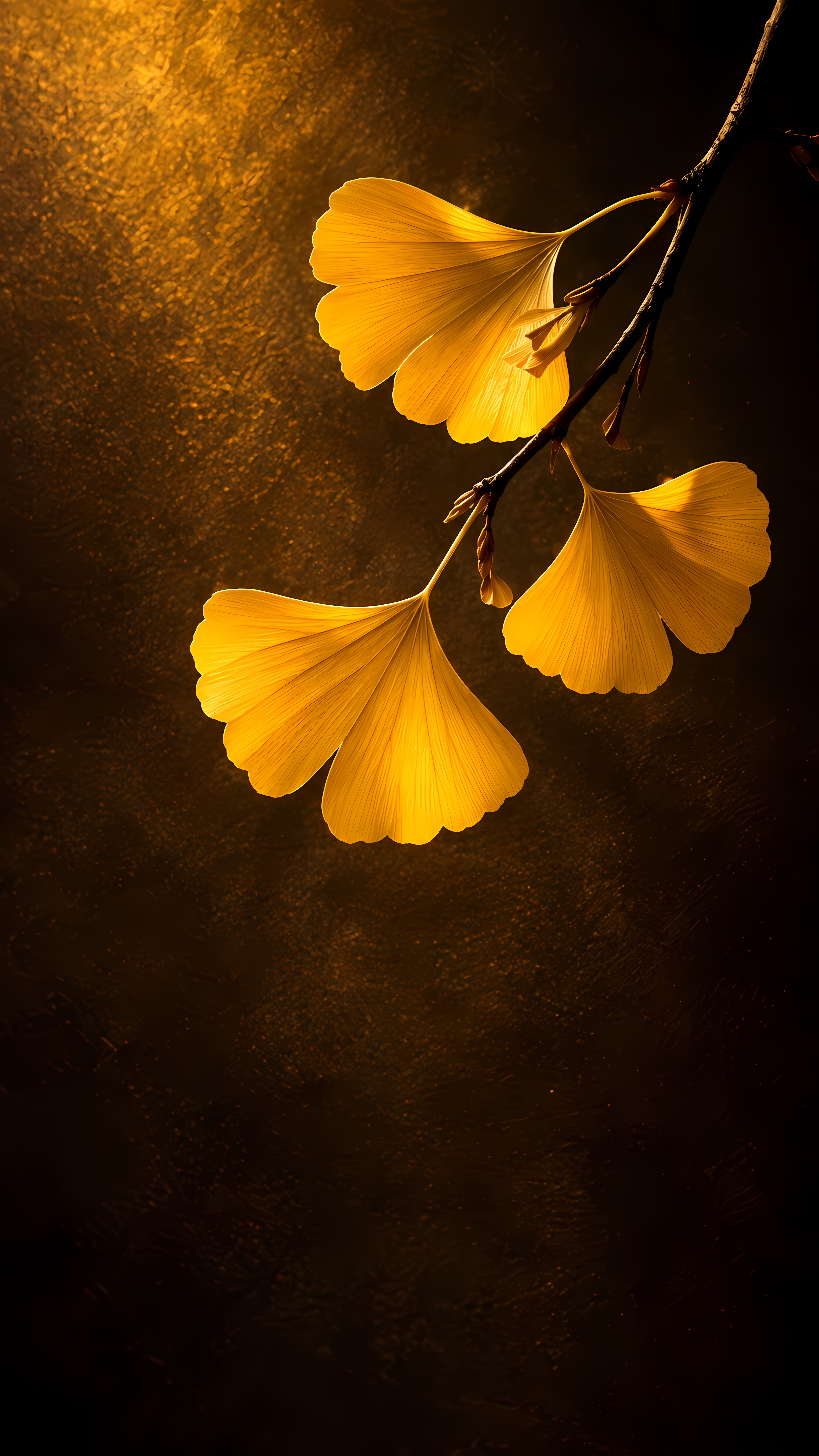 Golden yellow ginkgo leaves branch on dark textured backdrop