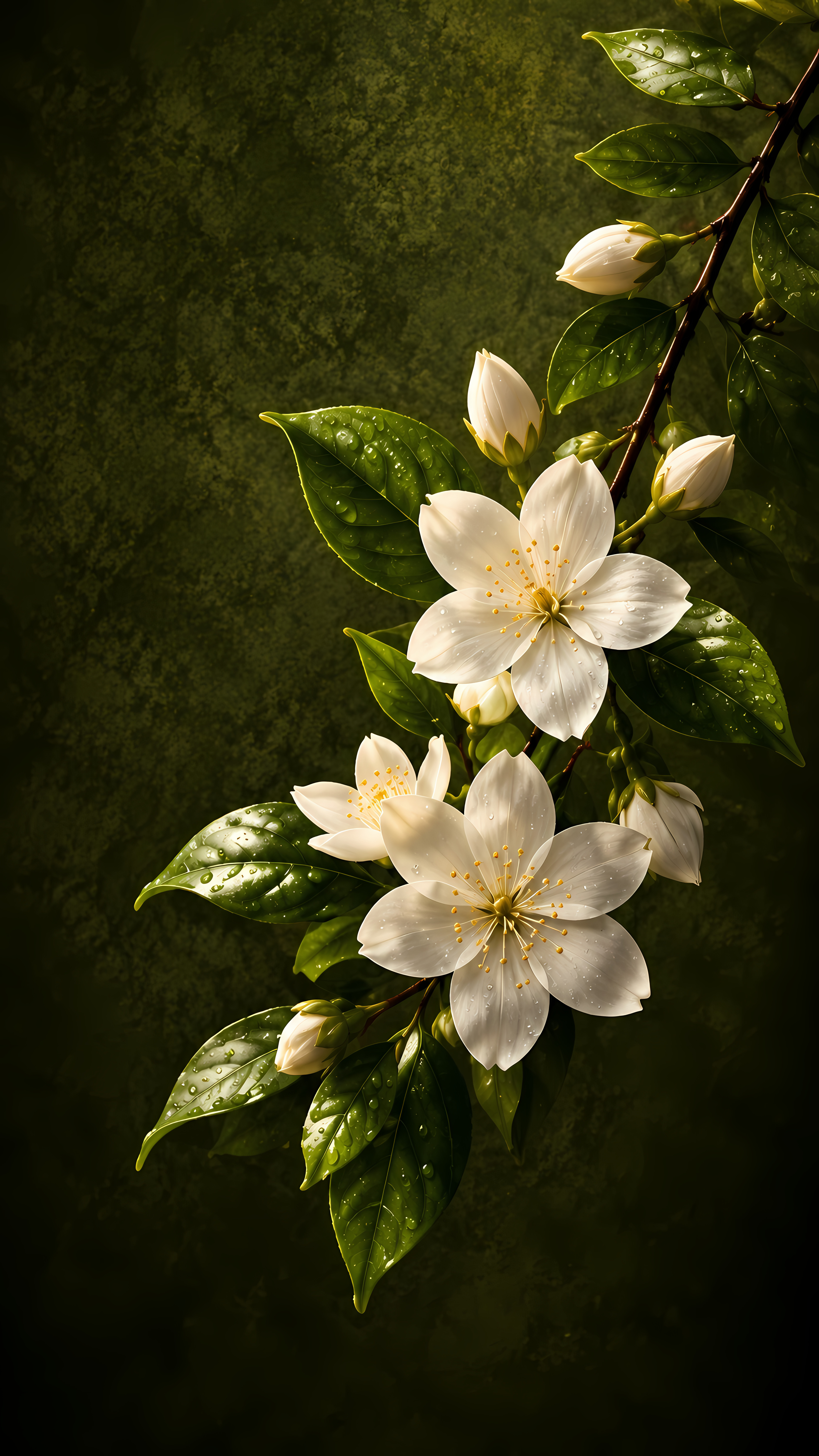 White floral branch wet leaves on dark green texture
