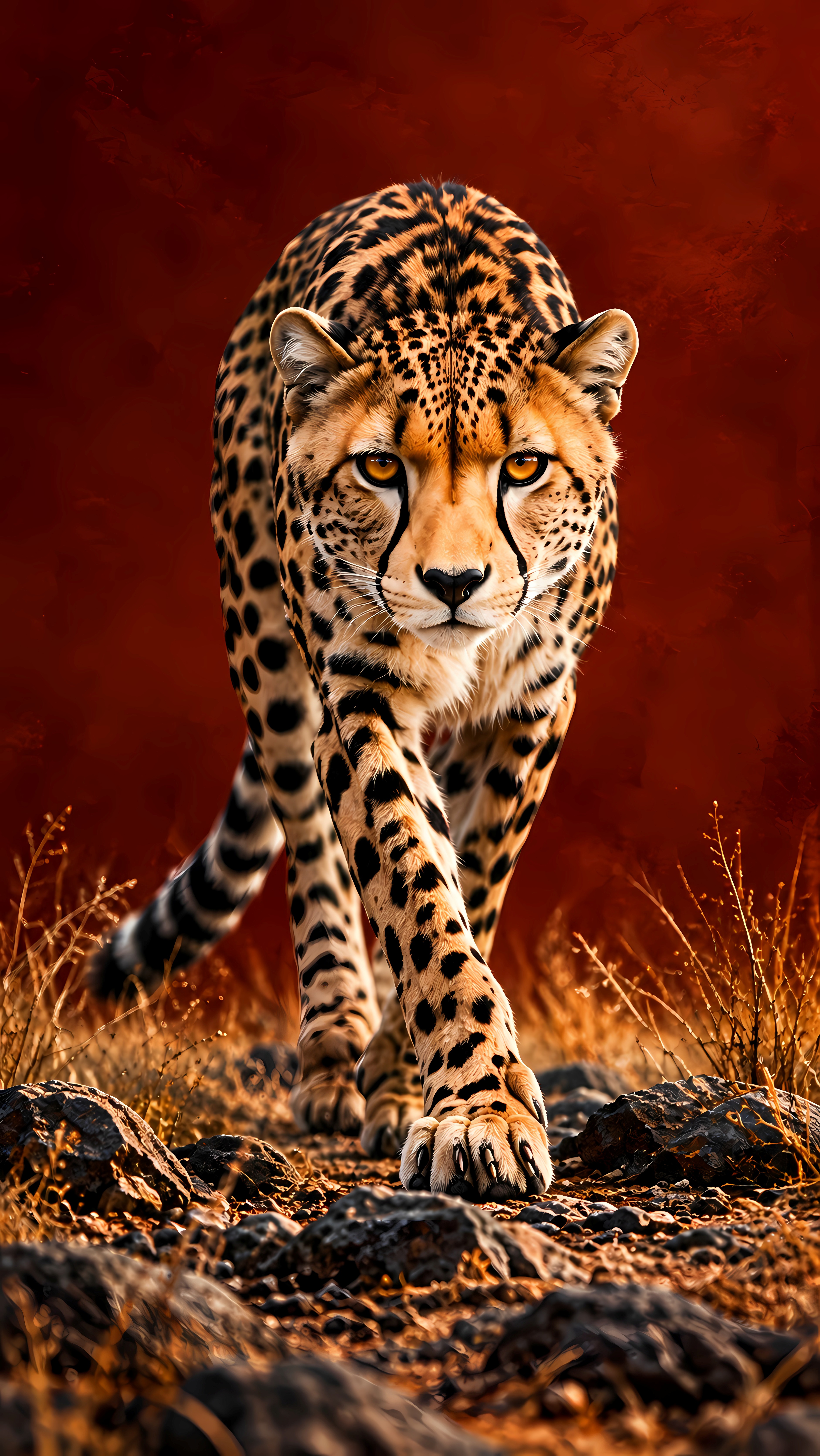 Front facing spotted cheetah walking slowly on rocky terrain