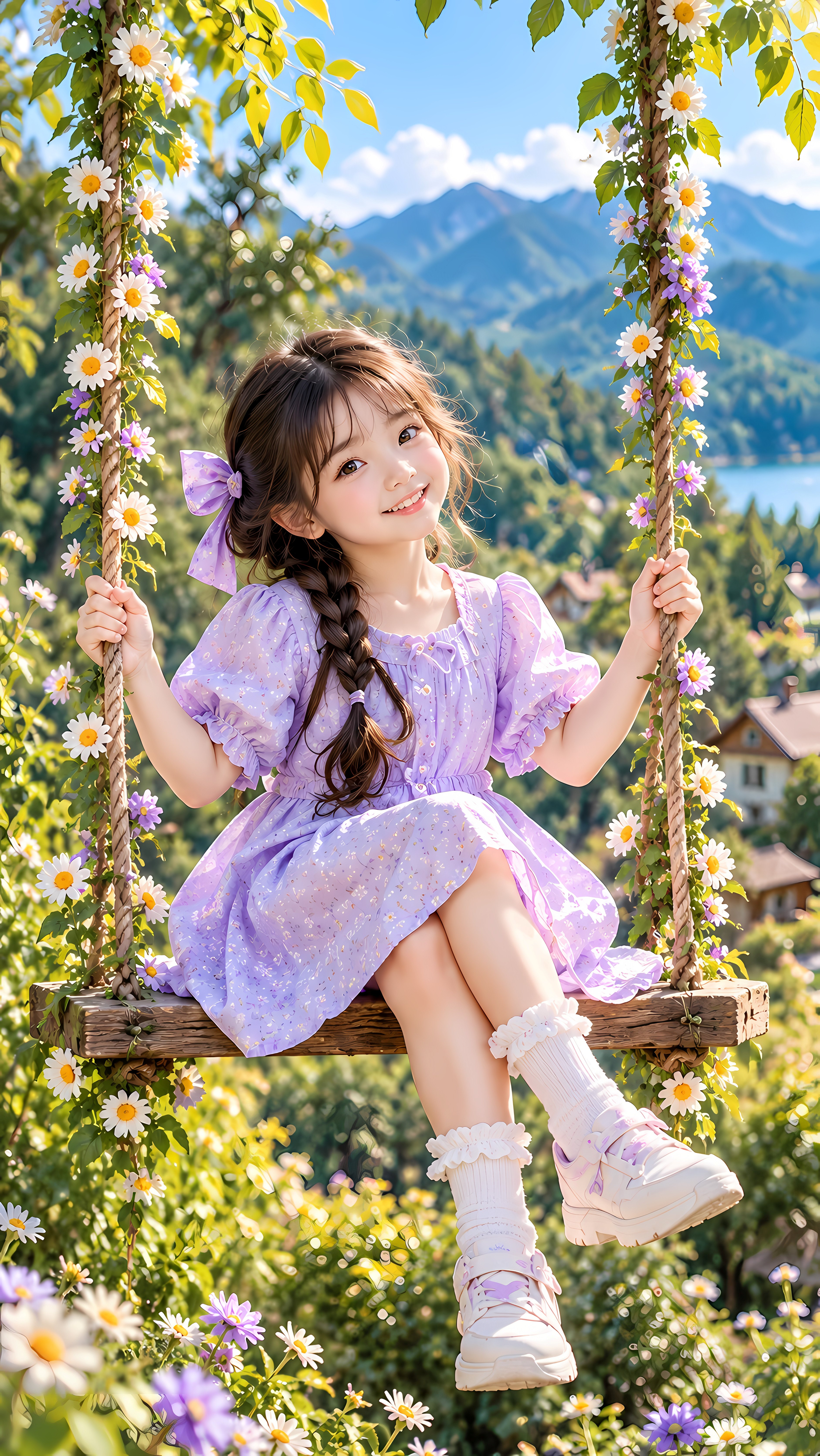 Joyful Girl On A Floral Swing With Cute Purple Bow