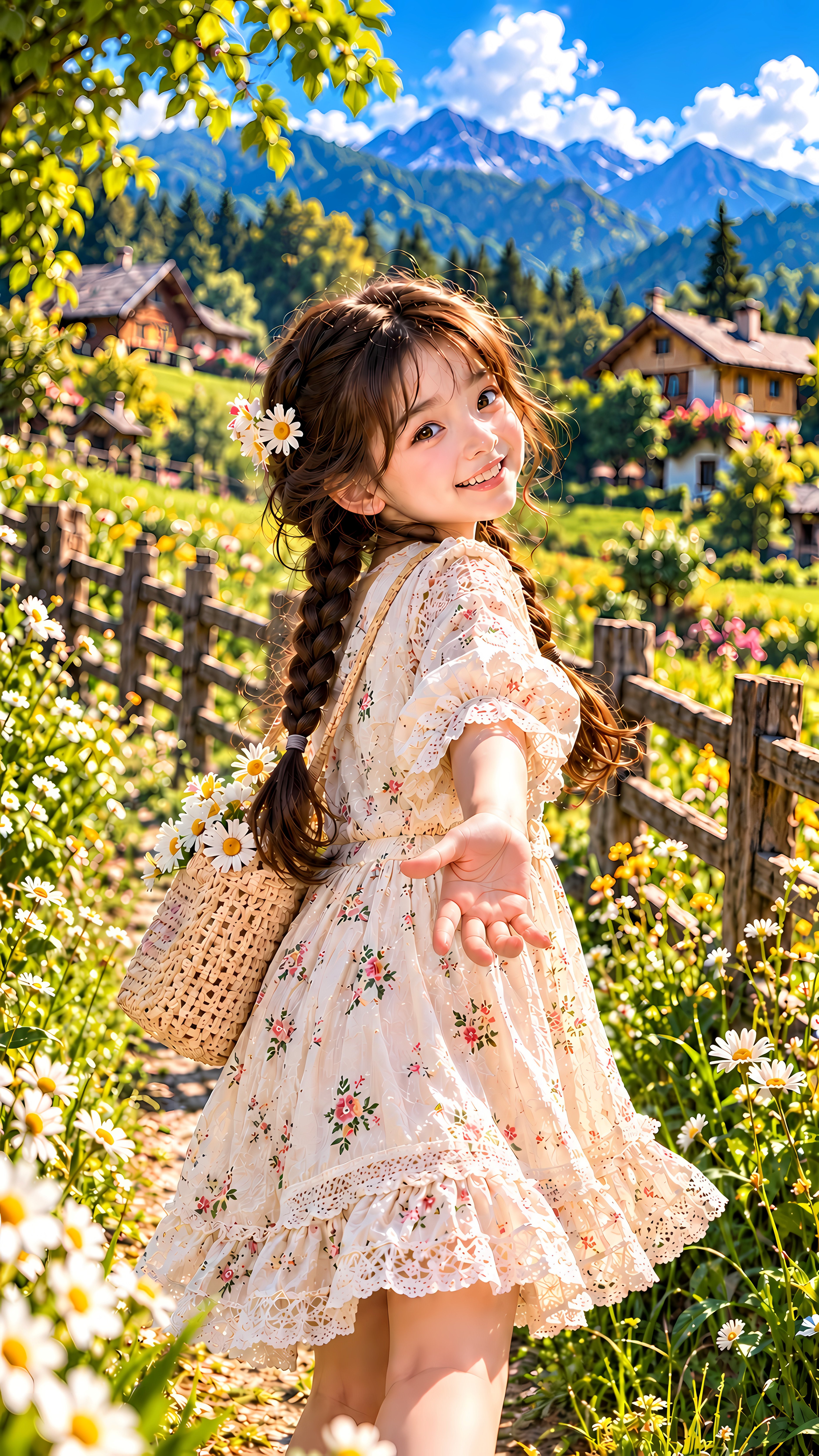 Joyful Girl Reaching Out In A Sunny Floral Meadow