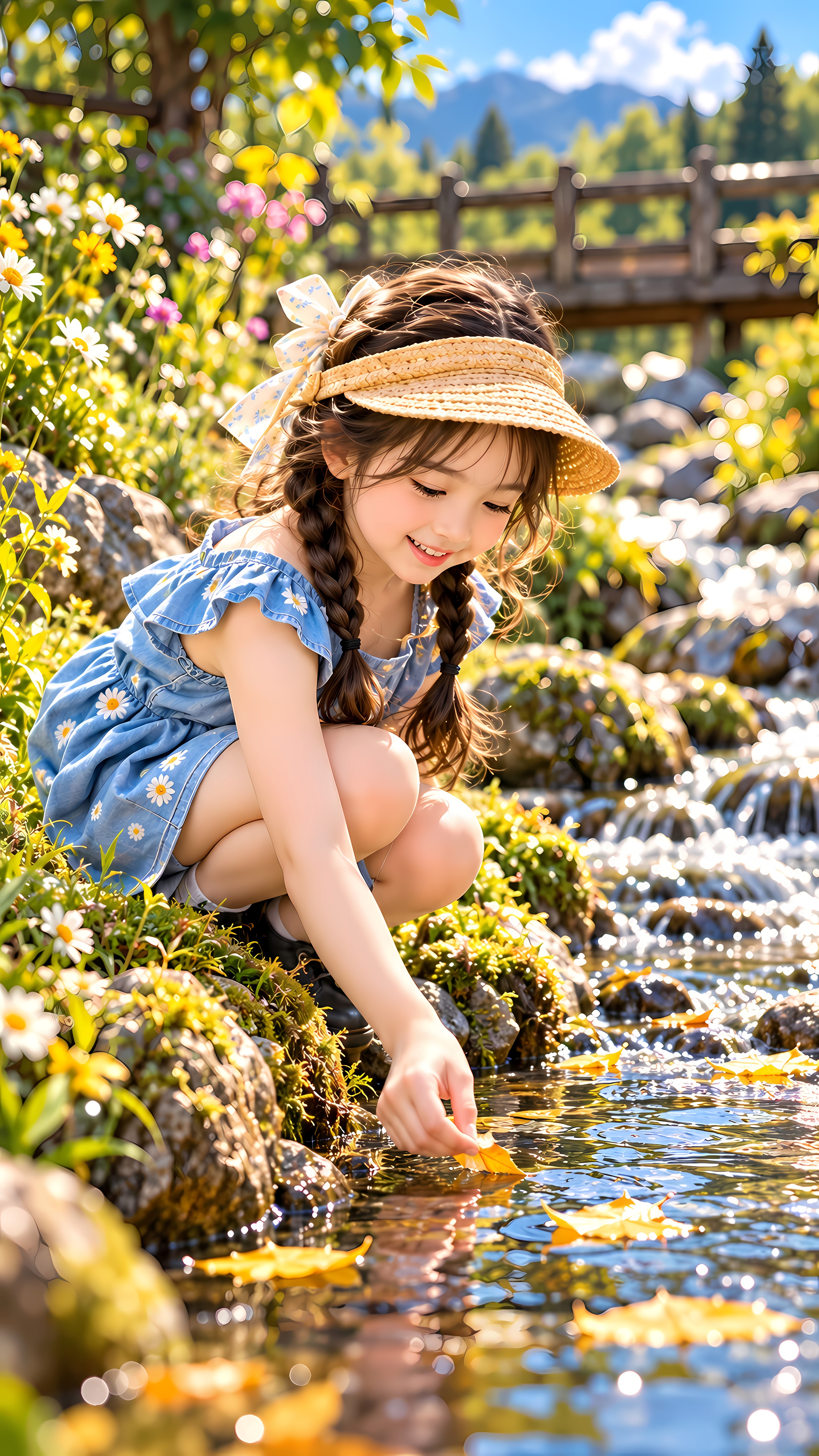 Young Girl Touching Floating Leaf In A Rocky Stream