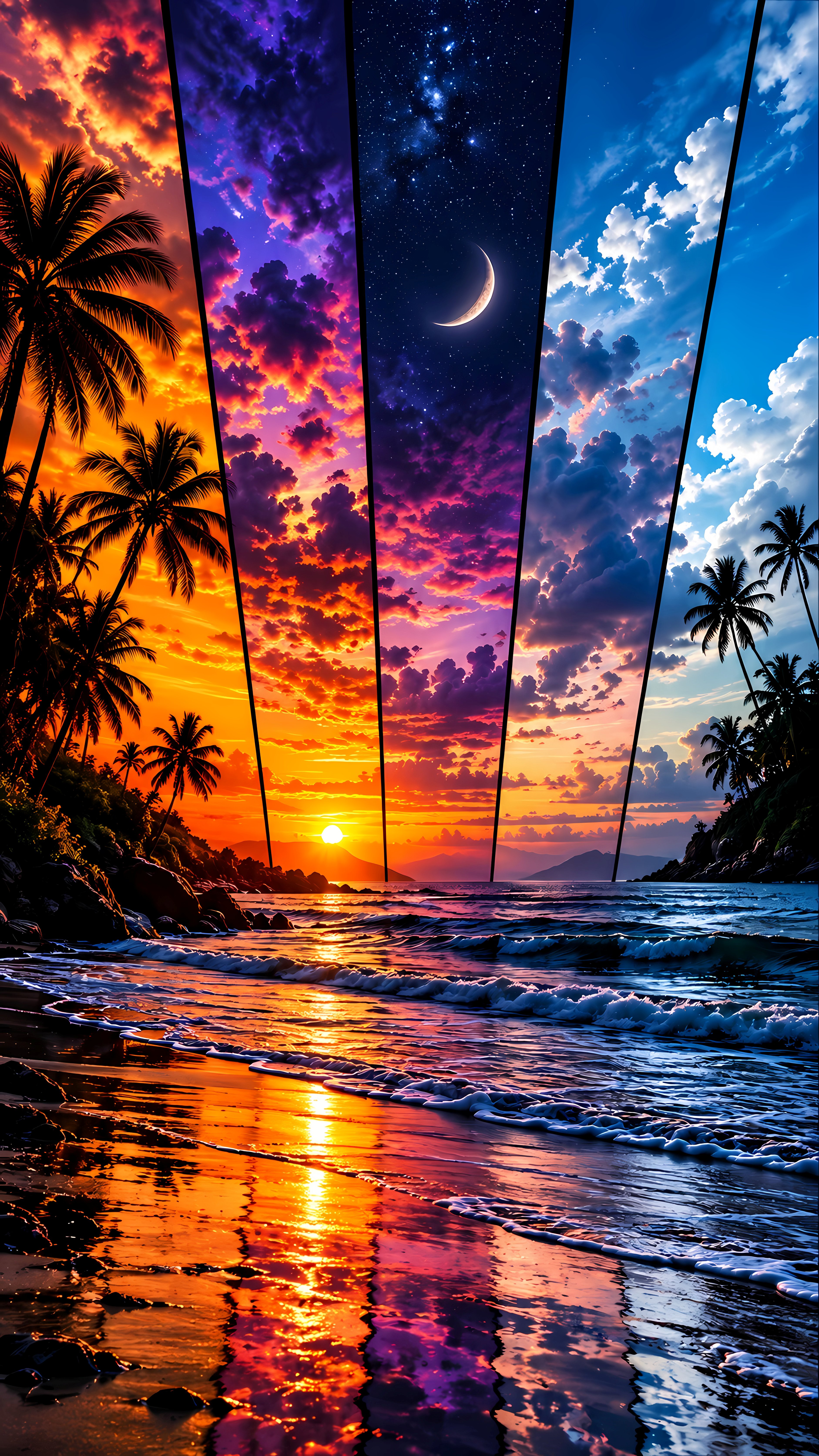 Sunny Tropical Beach Palm Trees Sliced Sky Time Lapse