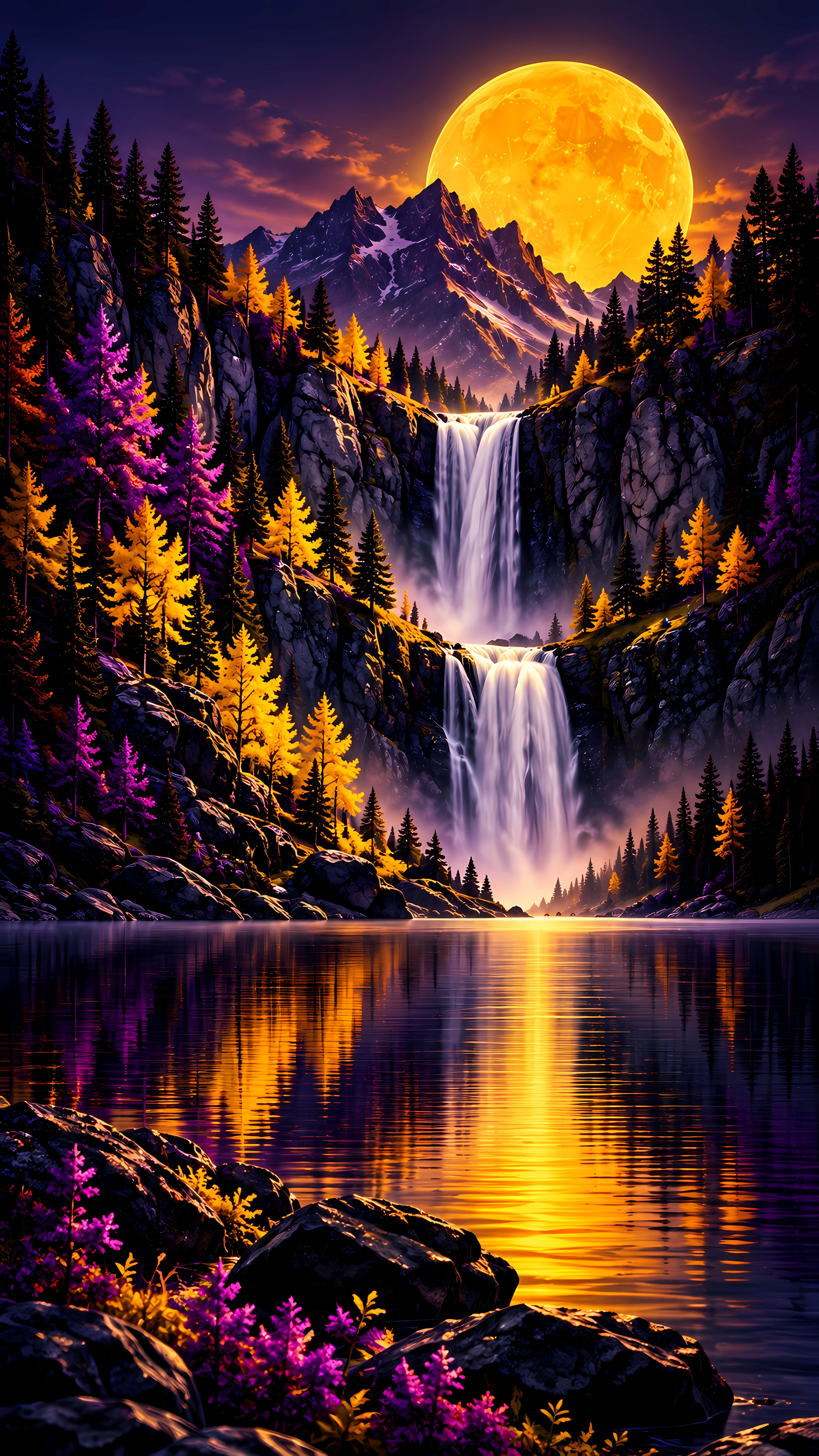 Golden moon above purple forest and cascading double waterfall