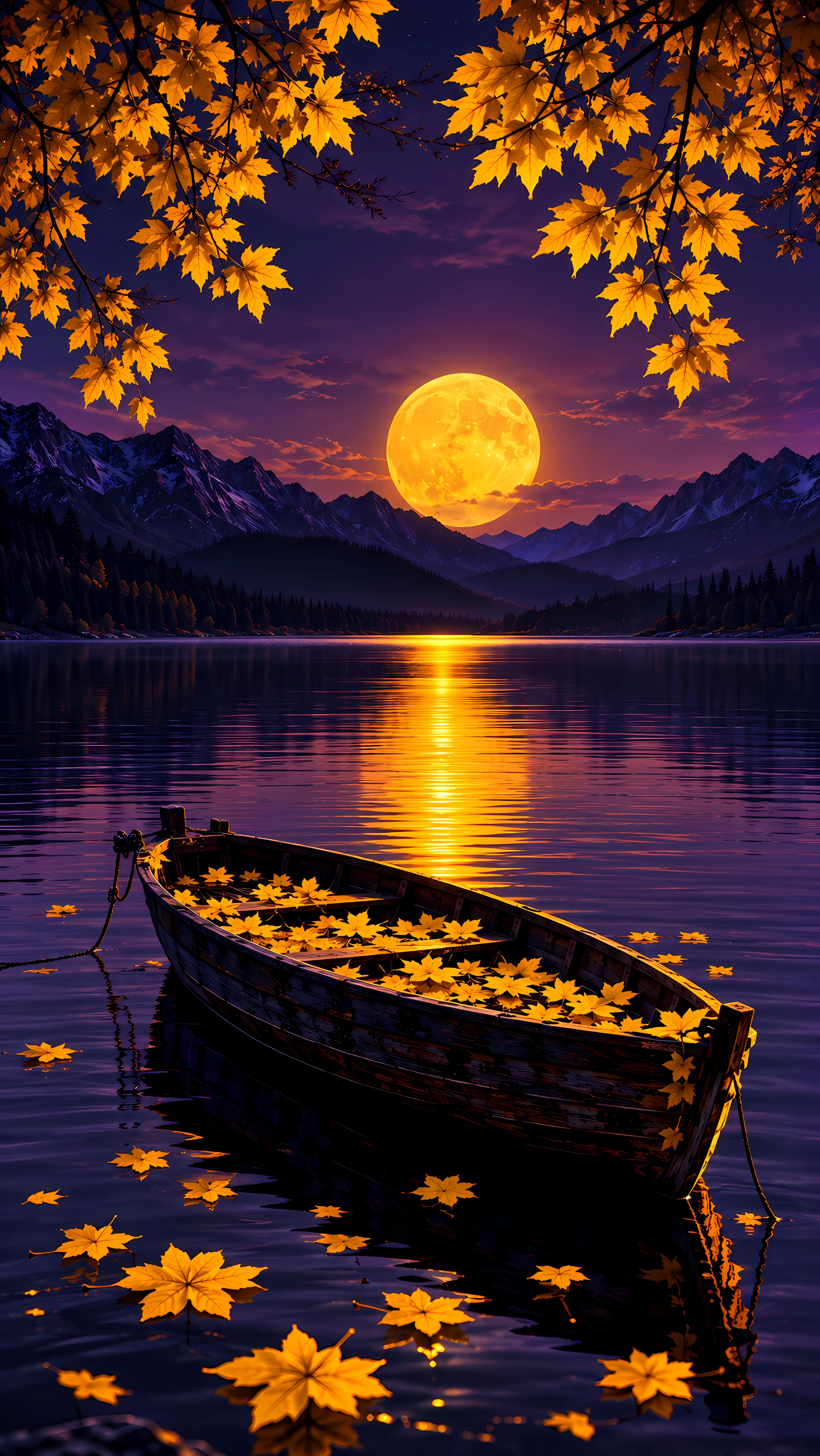 Yellow autumn leaves in wooden boat under golden moon