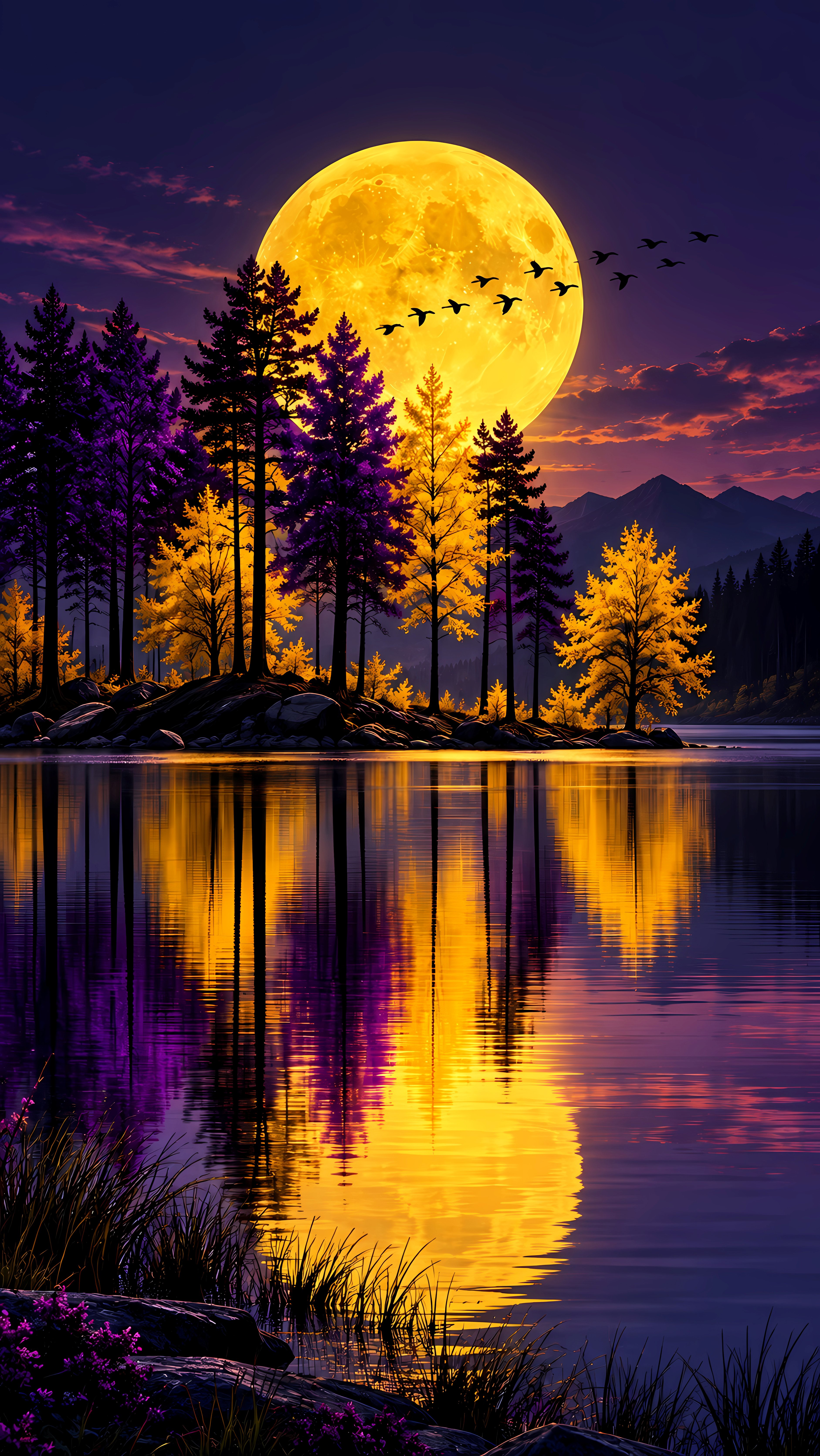 Tall purple pines and flying birds under golden moon
