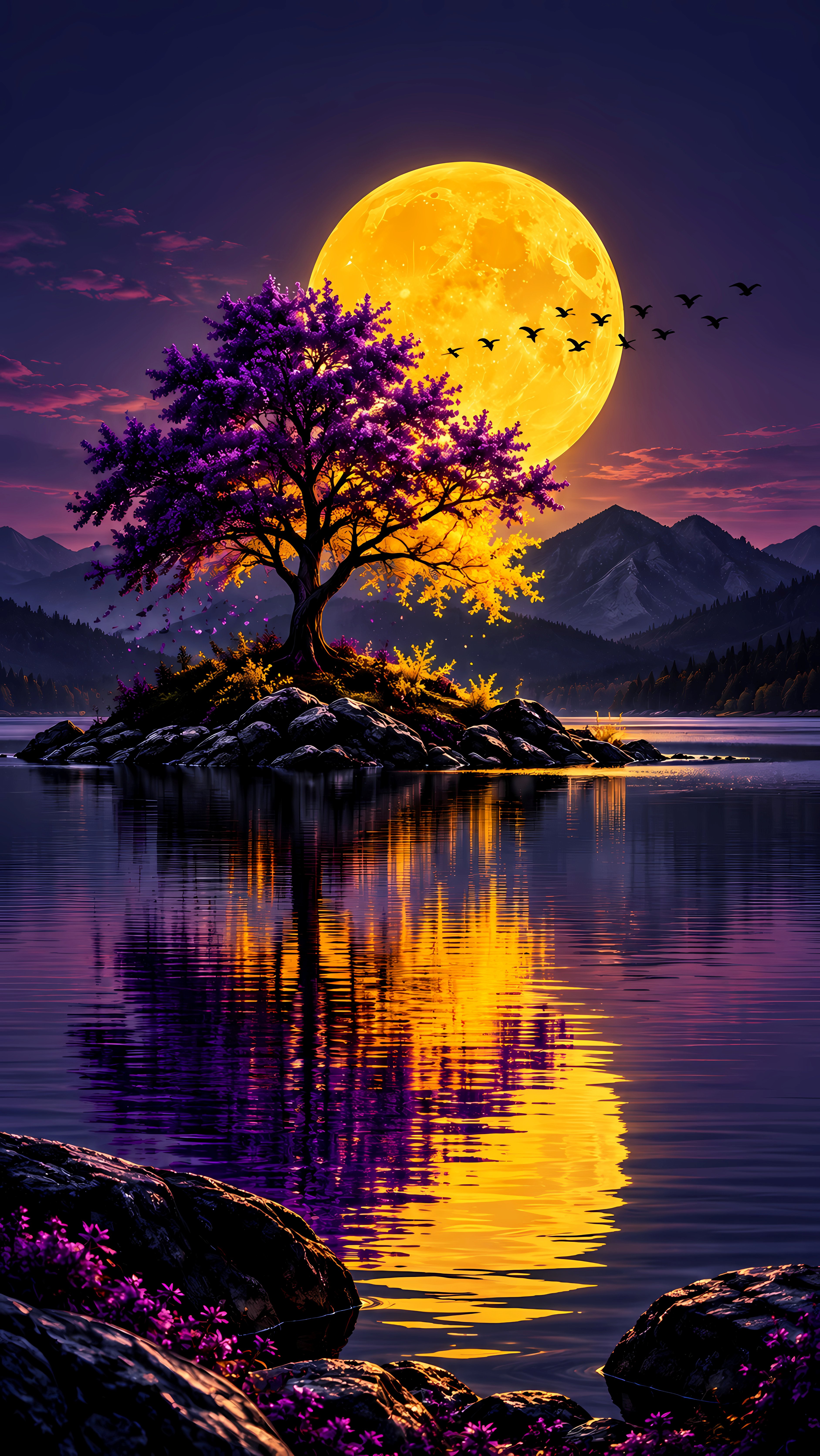 Majestic purple tree on rocky island under full moon