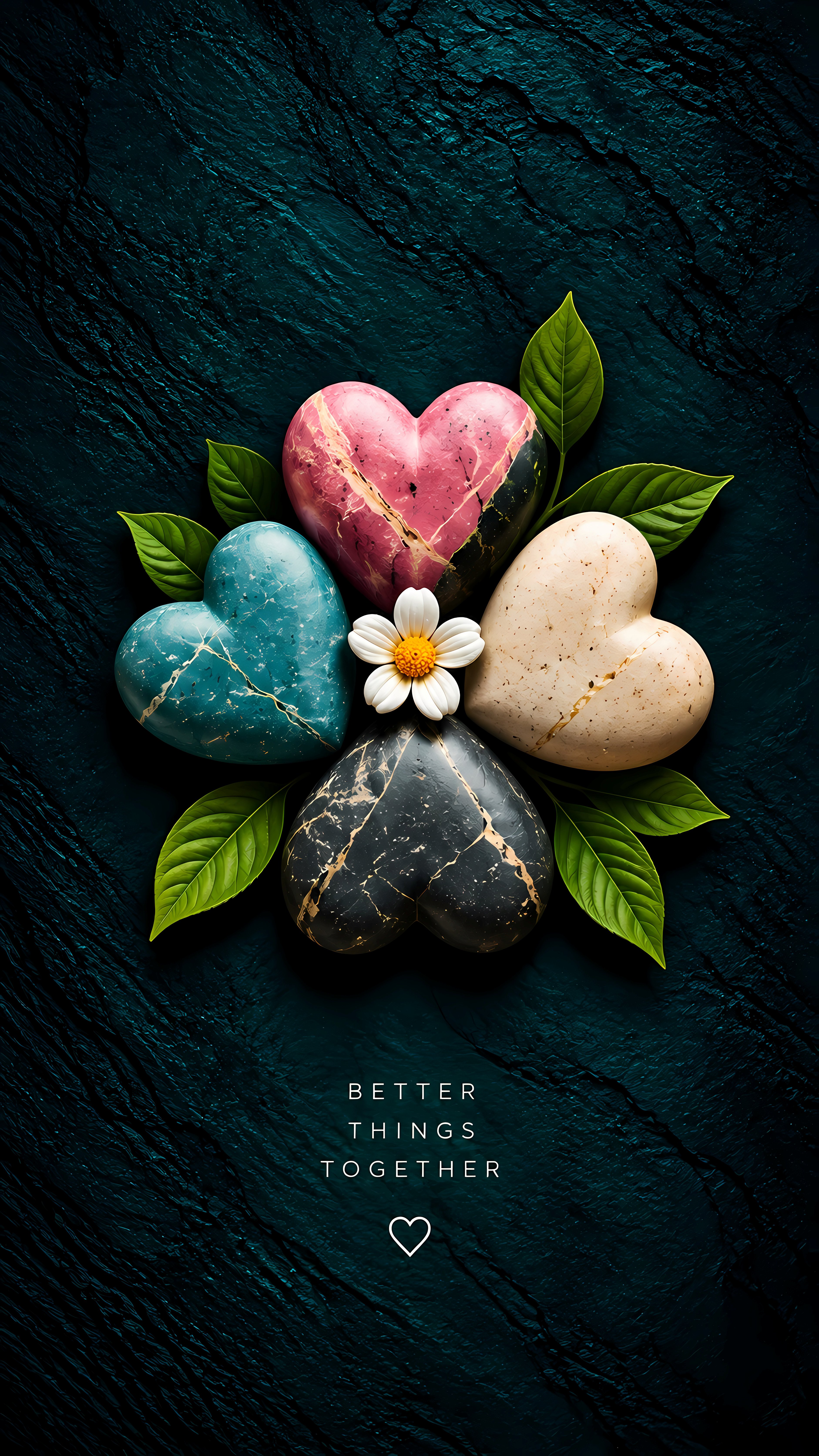 Heart stones around daisy flower green leaf dark minimal art