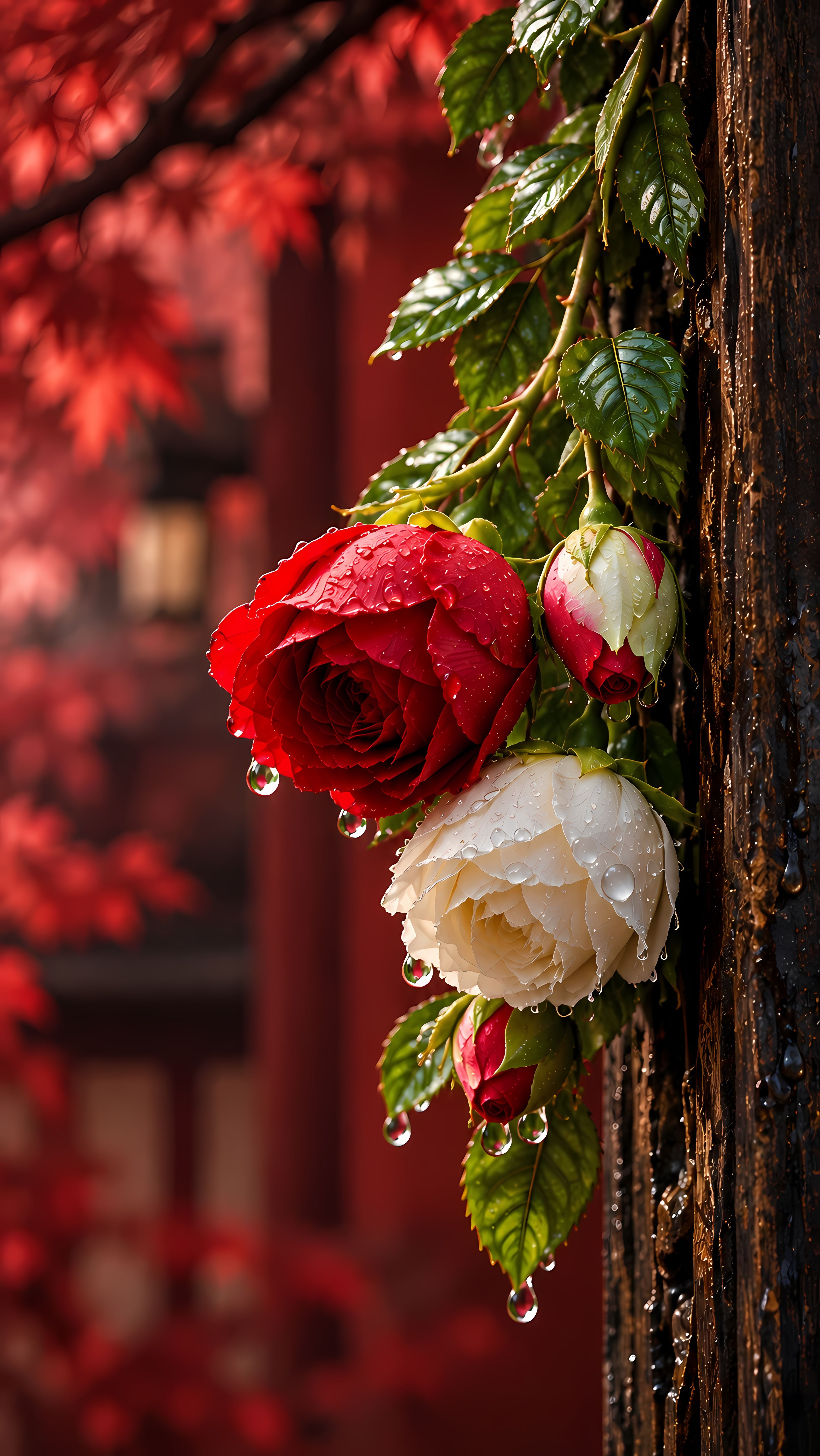 Red and white wet roses on a dark tree branch