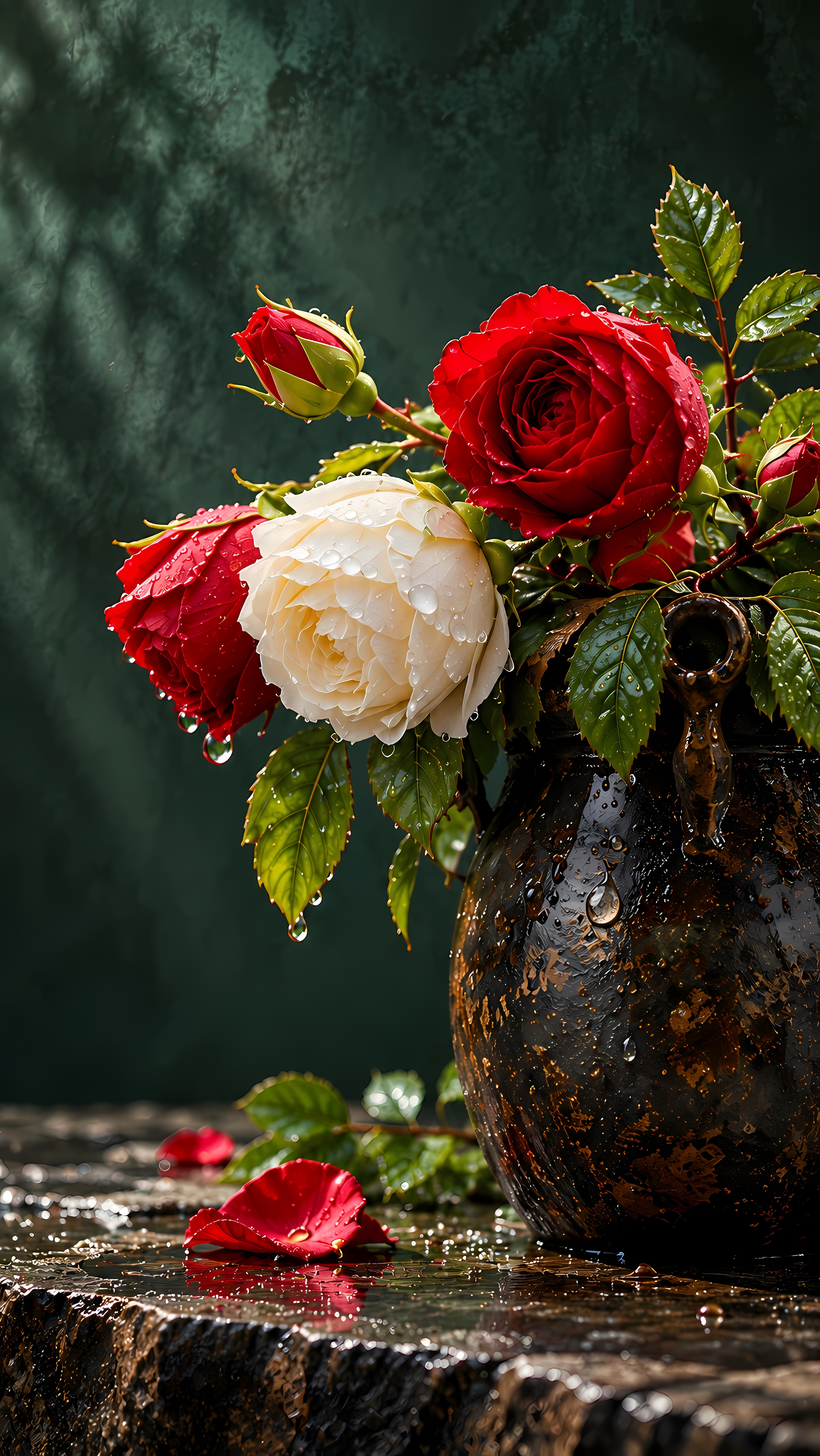 Wet red and white roses in a rustic dark clay vase