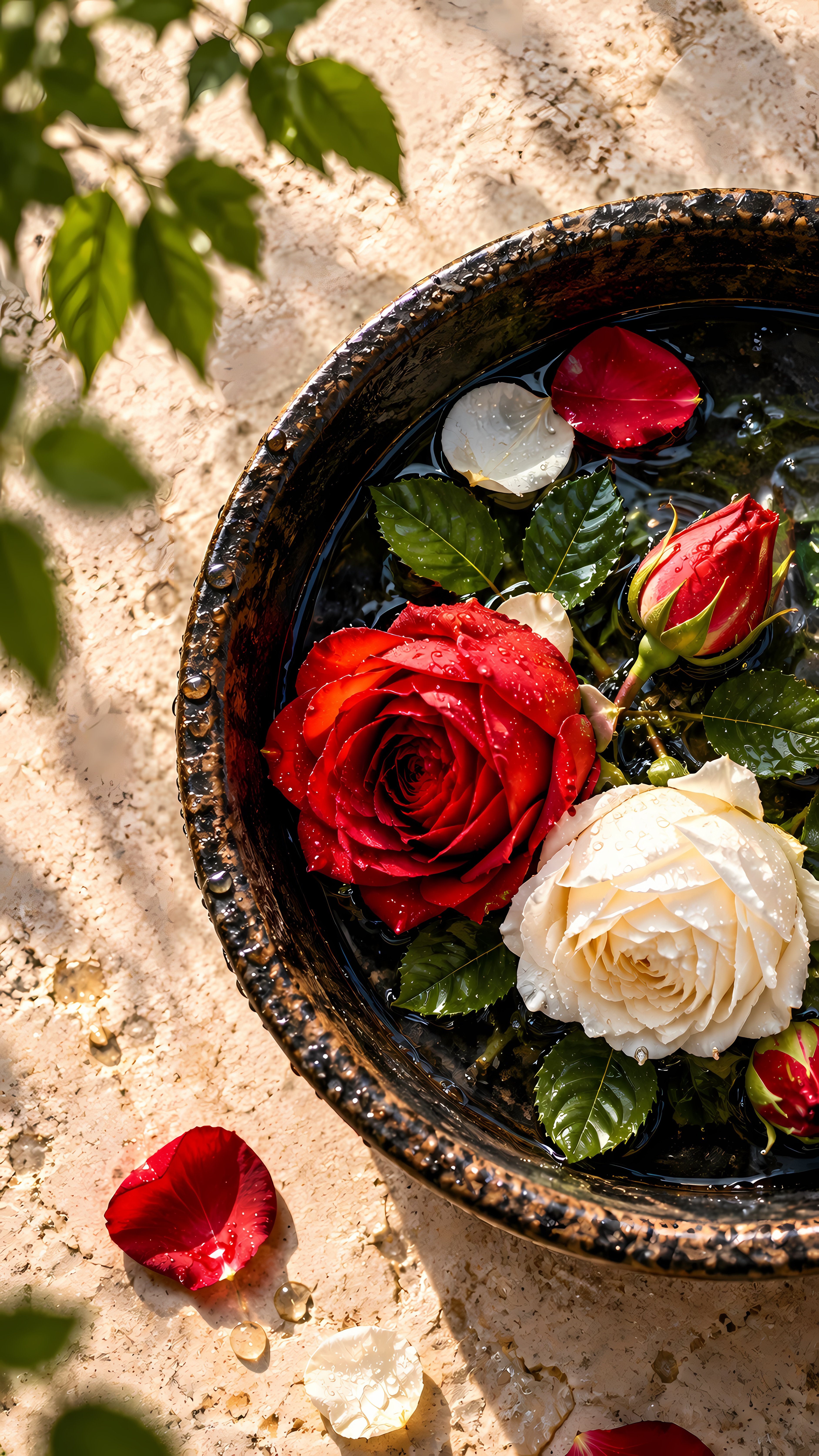 Red and white roses floating in a dark ceramic water bowl
