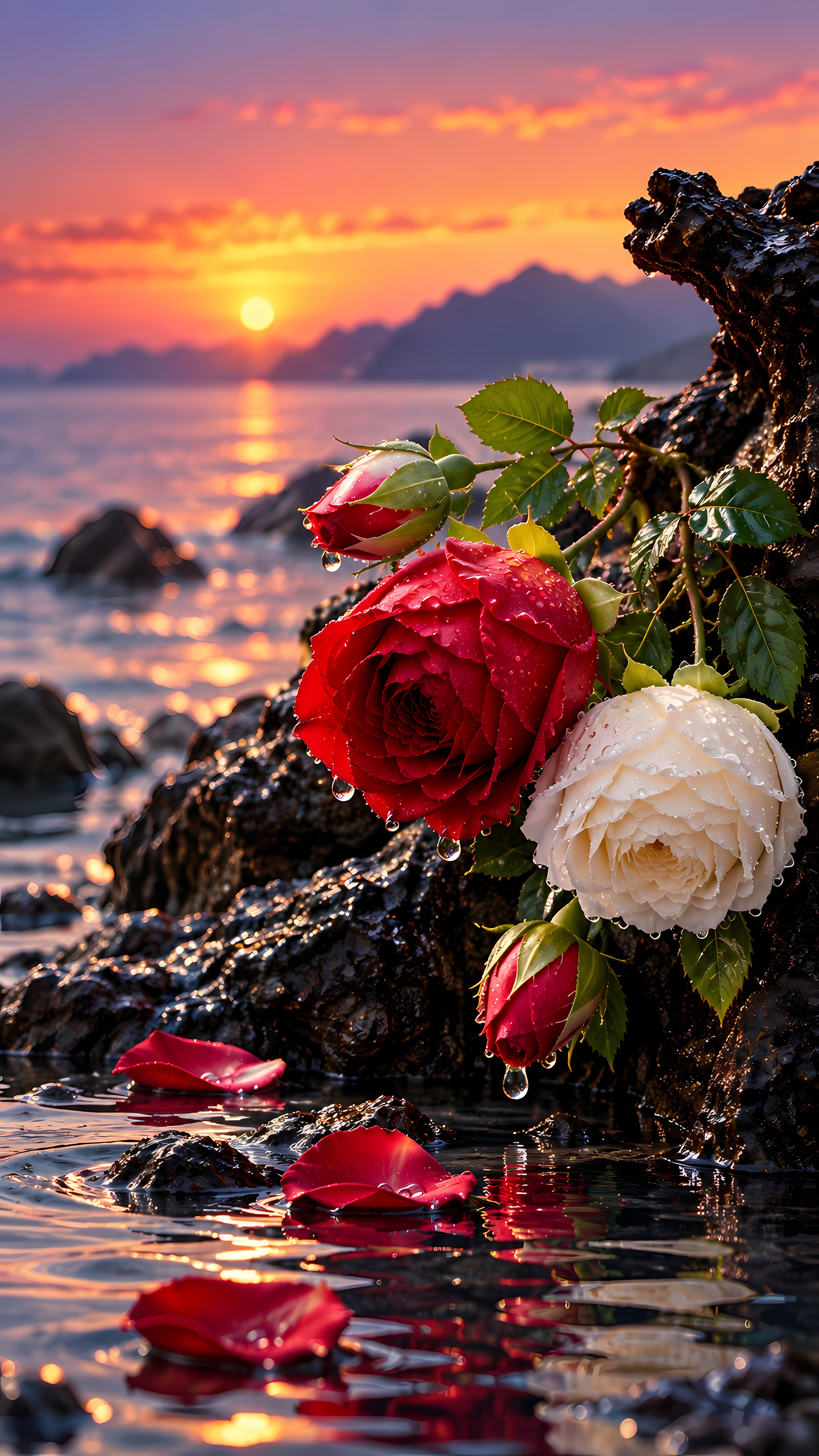 Wet roses on dark rocks by the ocean at golden sunset